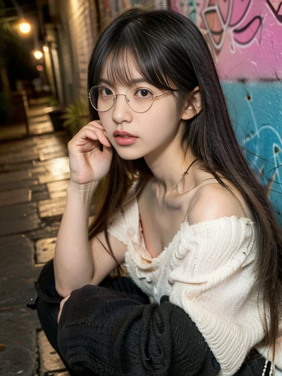 raw photo, 8k, (top-quality), Realistic, (real picture, Intricate details), (natural skin texture, detailed skin, hyper realism, sharpness), (glasses Japanese teenage girl squatting in a dirty back alley at night, graffitied wall:1.3),(((cute detailed bra with embellishments))), ((blouse, v-neck , munechira)), (pale skin:1.2, slender body), ((long straight hair, blunt bangs)), (glasses seductive face, provocative look, Parted lips:1.3, eye bag:1.2, red thick lips), graffiti:1.5, night time, spot lighting:1.3, upper body shot,puffy nipple, view from above