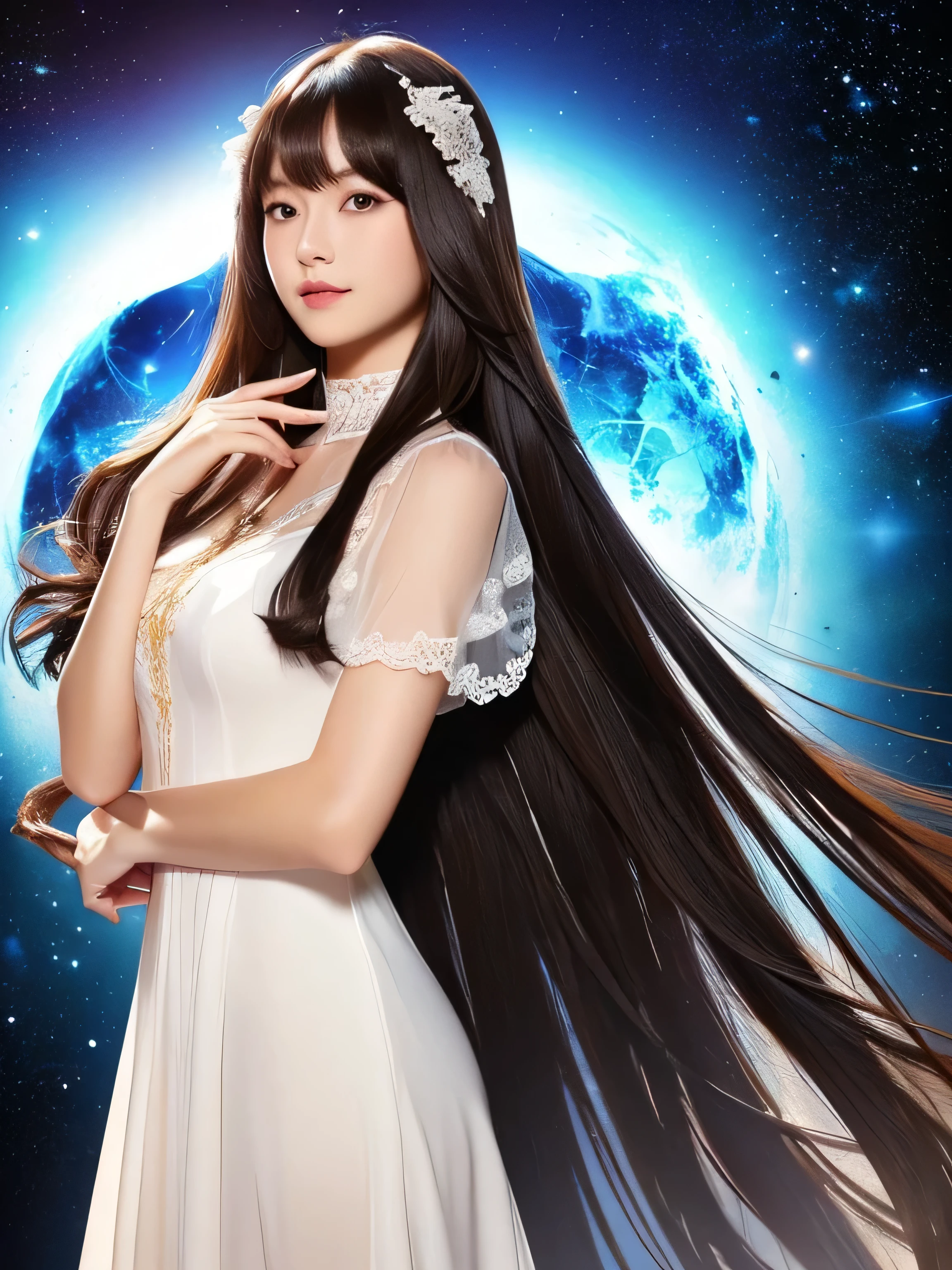 ((Full Body Shot:1.5))　(big 1.4)　((highest quality)), ((masterpiece)), (Get used to it), Perfect Face　(1 girl)　(Japanese)　(She is 24 years old、The most beautiful fantasy girls in Japan)　((highest quality)), ((masterpiece))　((Her hair is incredibly straight, reaches down to her waist, is very shiny and glossy, and has a lot of volume and shine. Her hair is a deep black.))　(Her bangs are beautiful and full:1.3)　(She has perfect beautiful makeup　Lipstick is light red　Ilaner is a beautiful black)　Anatomically correct hand　Thin fingers　Anatomically correct five fingers　Beautiful Japanese girl face, (Long Hair shiny Long Hair, length, Shiny Thick black hair, length, Her hair is long and straight, Super Long Hair girl, Silky Hair, Silky Hair, length, Flat Hair, Silky texture, Long Hair, length, Flowing, Thick black hair, thin and shiny hair)　Anatomically correct、White beautiful human skin and detail of hands and fingers　Beautiful Eyes　Mouth Details　the corners of the mouth rise slightly　Cool look　　(The eyebrows are dark brown in color)　　(She is wearing a fantasy pure white lace gown dress and healing spellcaster gear..:1.5　She is wearing a gorgeous white Victorian dress:1.I&#39;wear 5..)　(This is a forest in a fantasy world.:1.5)　(She has a magic wand、Pose for casting ice magic:2.2)　(Open your mouth:1.3)　(She turns to the viewer and smiles sweetly.)