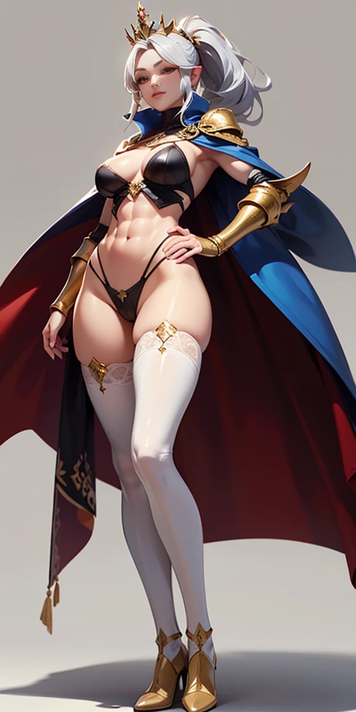 (masterpiece, best quality, plain background:1.2) full body standing height straight symmetrical looking to the viewer, view from below, cowboy shot, extremely long hair, ponytail, perfect anatomy 1girl tall solo, slim thick, ((muscular)) high elf toned body, silver breast plate, blue cape, slender abs, hourglass waist, detailed face, defined cheekbones, puffy lips, gauntlets, gold crown, shadow over eyes, white thigh highs lingerie