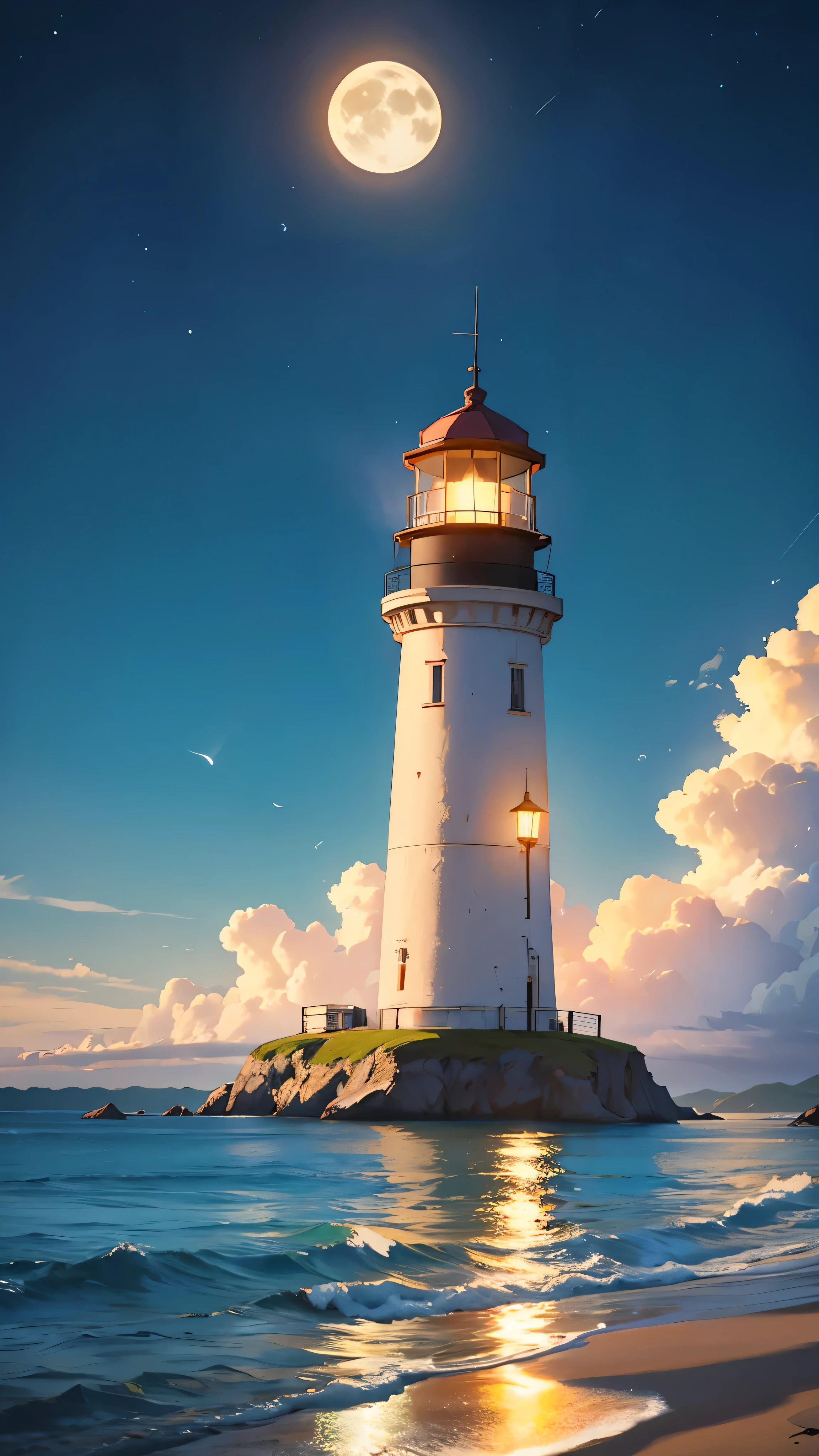 Papel de parede, 4k, high quality, alto mar, noite, escuro, uma ilha no meio do mar, nessa ilha tem uma torre com um farol, It is also possible to see a round, illuminated moon, no mar se ve o reflexo da luz da lua, it's night, the only piece of land seen is the island on which the lighthouse is located