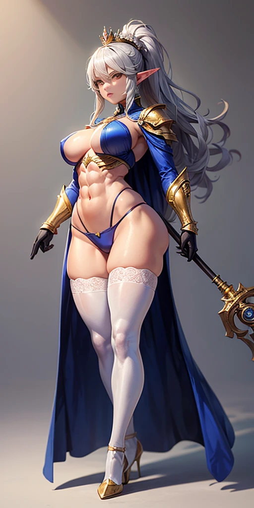 (masterpiece, best quality, plain background:1.2) full body standing height straight symmetrical looking to the viewer, view from below, cowboy shot, extremely long hair, ponytail, perfect anatomy 1girl tall solo, slim thick, ((muscular)) high elf toned body, silver breast plate, blue cape, slender abs, hourglass waist, detailed face, defined cheekbones, puffy lips, gauntlets, gold crown, shadow over eyes, white thigh highs lingerie