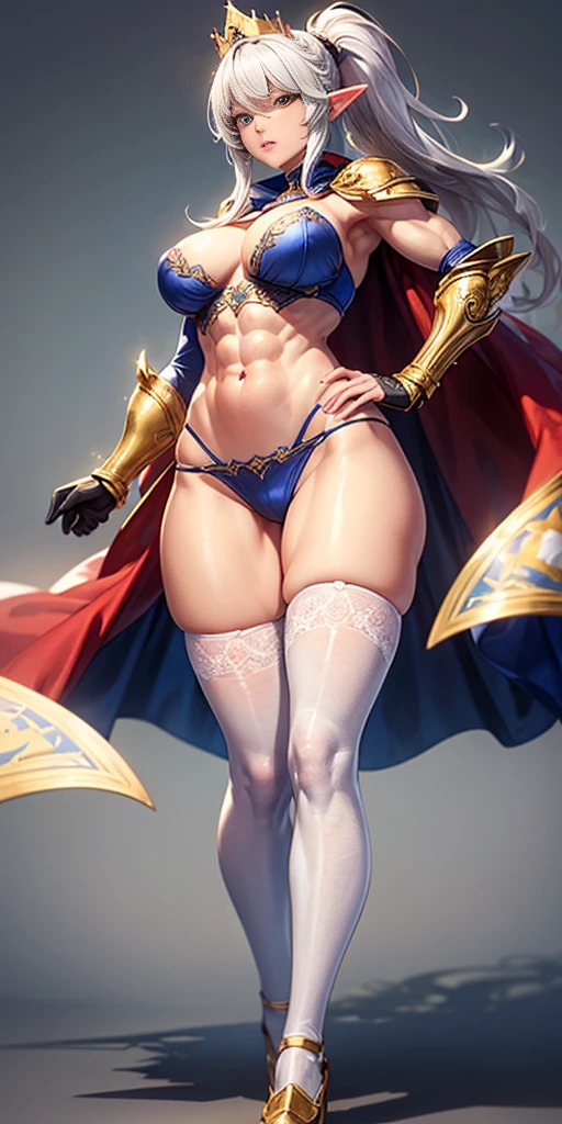 (masterpiece, best quality, plain background:1.2) full body standing height straight symmetrical looking to the viewer, view from below, cowboy shot, extremely long hair, ponytail, perfect anatomy 1girl tall solo, slim thick, ((muscular)) high elf toned body, silver breast plate, blue cape, slender abs, hourglass waist, detailed face, defined cheekbones, puffy lips, gauntlets, gold crown, shadow over eyes, white thigh highs lingerie