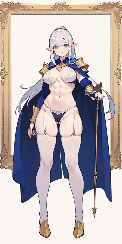 (masterpiece, best quality, plain background:1.2) full body standing height straight symmetrical looking to the viewer, view from below, cowboy shot, extremely long hair, ponytail, perfect anatomy 1girl tall solo, slim thick, ((muscular)) high elf toned body, silver breast plate, blue cape, slender abs, hourglass waist, detailed face, defined cheekbones, puffy lips, gauntlets, gold crown, shadow over eyes, white thigh highs lingerie