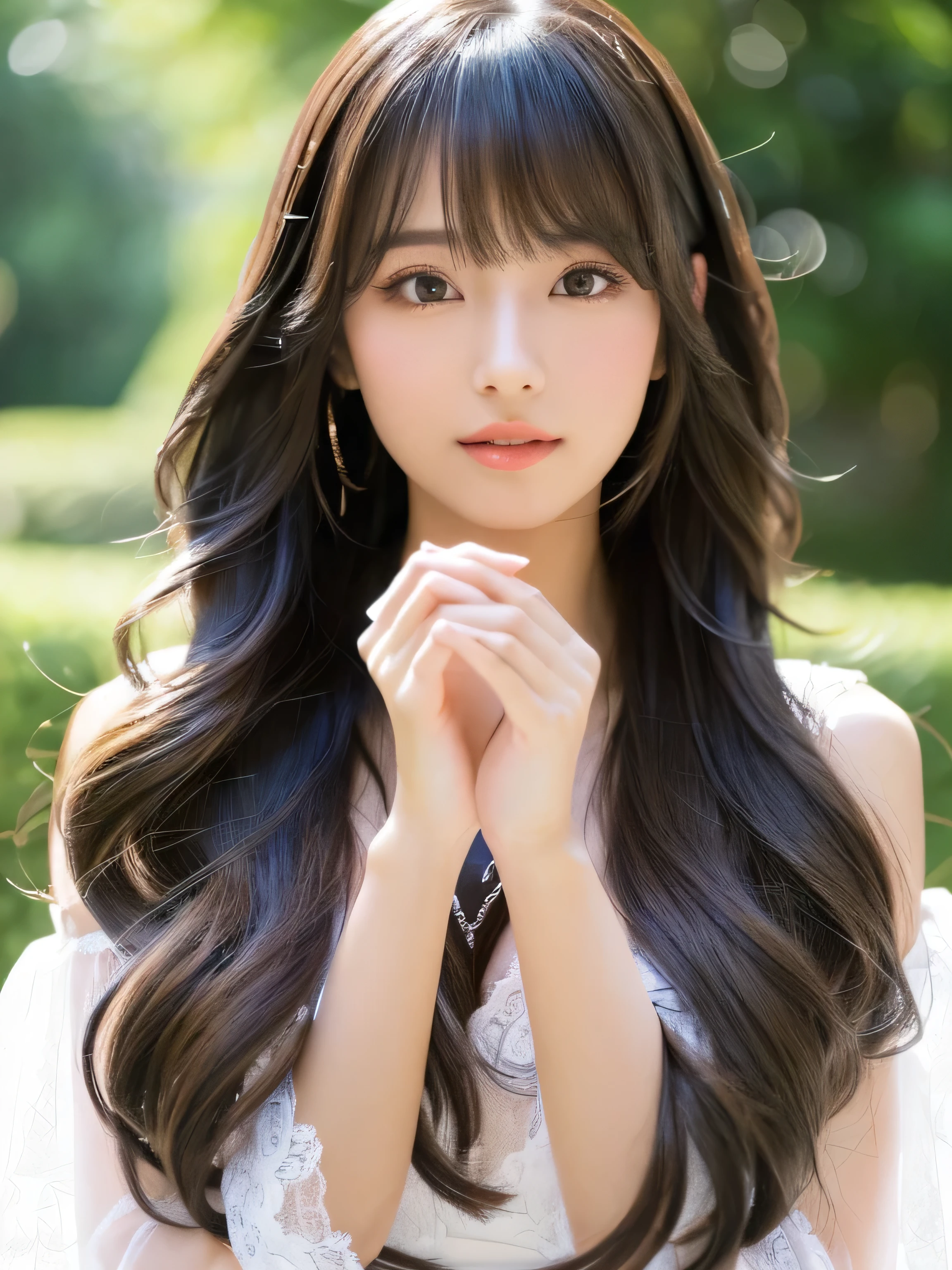 　((Above the knees shot))　(big 1.4)　((highest quality)), ((masterpiece)), (Get used to it), Perfect Face　(1 girl)　(Japanese)　(She is 24 years old、The most beautiful fantasy girls in Japan)　((highest quality)), ((masterpiece))　((Her hair is incredibly straight, reaches down to her waist, is very shiny and glossy, and has a lot of volume and shine. Her hair is a deep black.))　(Her bangs are beautiful and full:1.3)　(She has perfect beautiful makeup　Lipstick is light red　Ilaner is a beautiful black)　Anatomically correct hand　Thin fingers　Anatomically correct five fingers　Beautiful Japanese girl face, (Long Hair shiny Long Hair, length, Shiny Thick black hair, length, Her hair is long and straight, Super Long Hair girl, Silky Hair, Silky Hair, length, Flat Hair, Silky texture, Long Hair, length, Flowing, Thick black hair, thin and shiny hair)　Anatomically correct、White beautiful human skin and detail of hands and fingers　Beautiful Eyes　Mouth Details　the corners of the mouth rise slightly　Cool look　　(The eyebrows are dark brown in color)　　(She is wearing a fantasy pure white lace gown dress and healing spellcaster gear..:1.5　She is wearing a gorgeous white Victorian dress:1.I&#39;wear 5..)　(Open your mouth:1.3)　(She turns to the viewer and smiles sweetly.)　(This is a random place in a fantasy world.:1.3)　(She has a magic wand、Healing magic pose:2.2)　