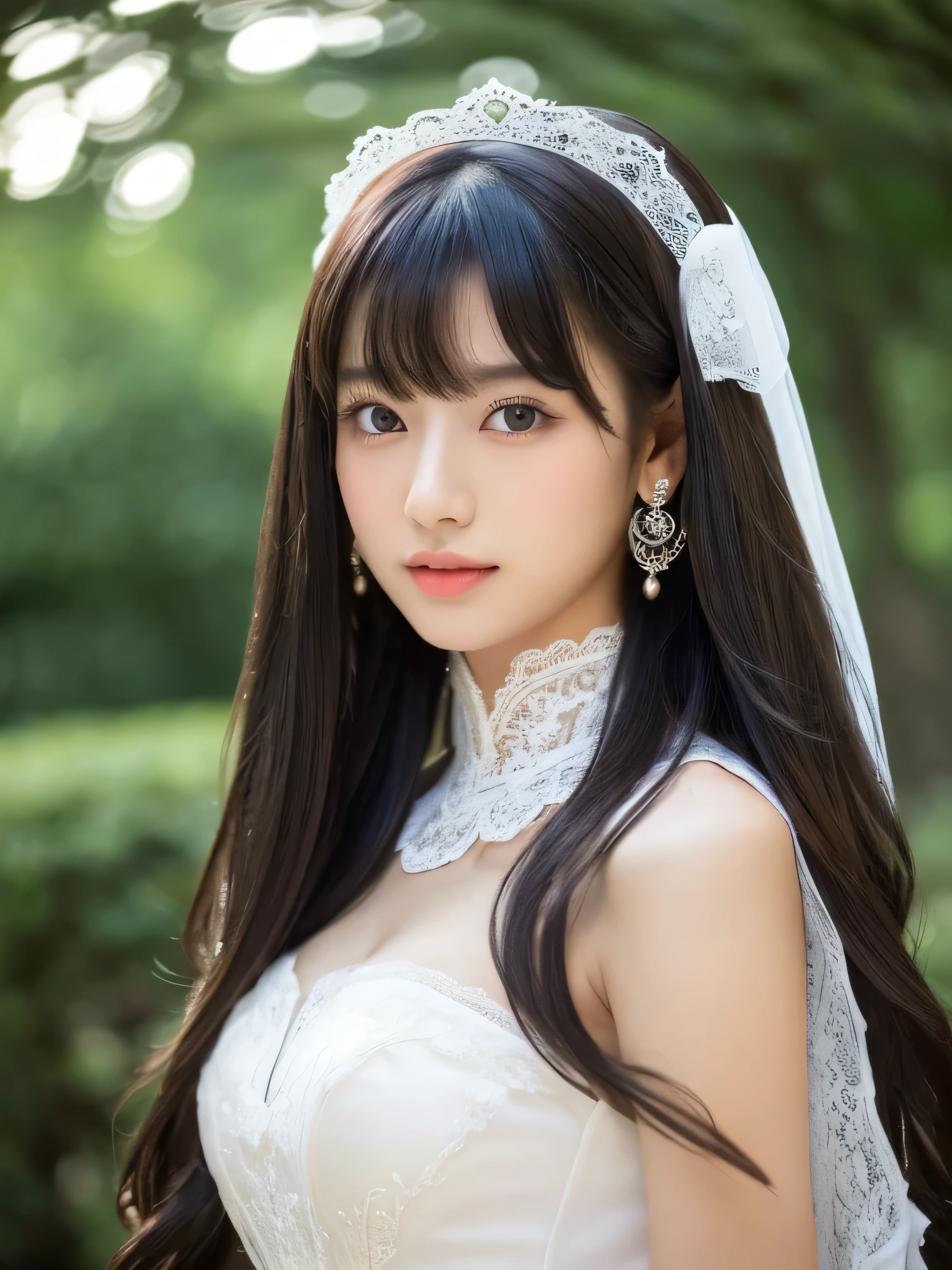 　((Above the knees shot))　(big 1.4)　((highest quality)), ((masterpiece)), (Get used to it), Perfect Face　(1 girl)　(Japanese)　(She is 24 years old、The most beautiful fantasy girls in Japan)　((highest quality)), ((masterpiece))　((Her hair is incredibly straight, reaches down to her waist, is very shiny and glossy, and has a lot of volume and shine. Her hair is a deep black.))　(Her bangs are beautiful and full:1.3)　(She has perfect beautiful makeup　Lipstick is light red　Ilaner is a beautiful black)　Anatomically correct hand　Thin fingers　Anatomically correct five fingers　Beautiful Japanese girl face, (Long Hair shiny Long Hair, length, Shiny Thick black hair, length, Her hair is long and straight, Super Long Hair girl, Silky Hair, Silky Hair, length, Flat Hair, Silky texture, Long Hair, length, Flowing, Thick black hair, thin and shiny hair)　Anatomically correct、White beautiful human skin and detail of hands and fingers　Beautiful Eyes　Mouth Details　the corners of the mouth rise slightly　Cool look　　(The eyebrows are dark brown in color)　　(She is wearing a fantasy pure white lace gown dress and healing spellcaster gear..:1.5　She is wearing a gorgeous white Victorian dress:1.I&#39;wear 5..)　(Open your mouth:1.3)　(She turns to the viewer and smiles sweetly.)　(This is a random place in a fantasy world.:1.3)　(She has a magic wand、Healing magic pose:2.2)　