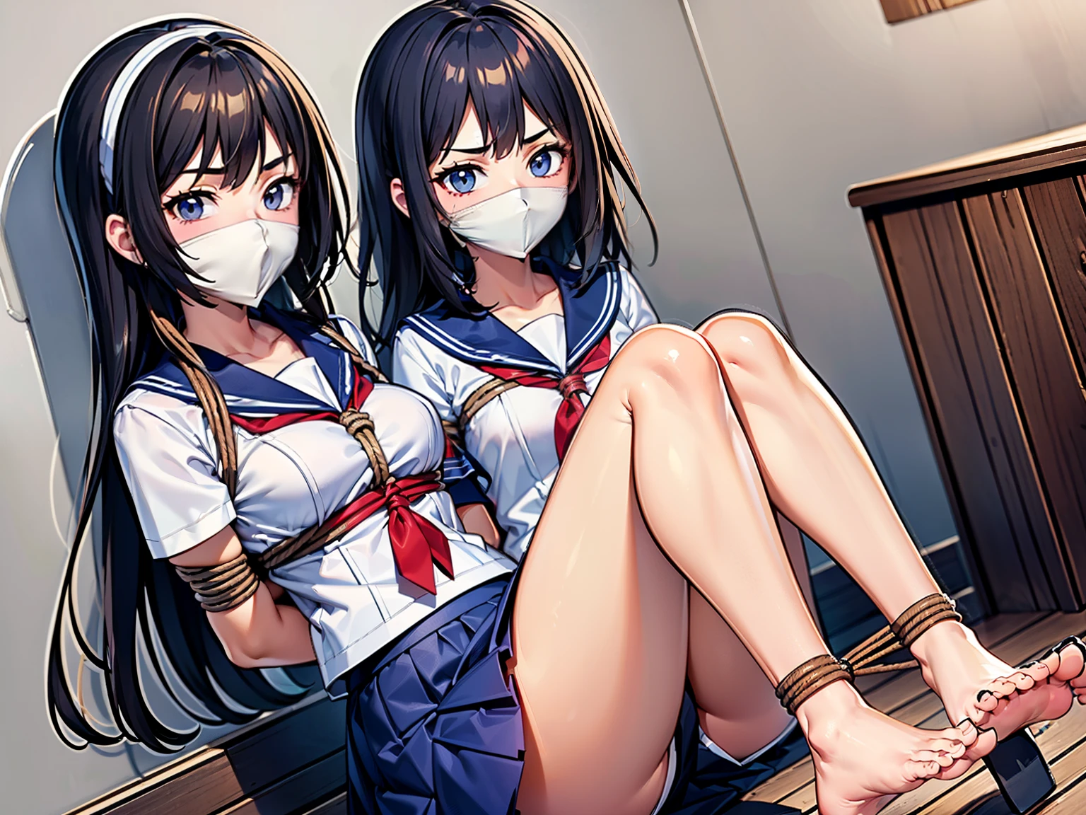 chyuri, OTN, Two high school girls are tied up and stuffed into a cardboard box、(Highly detailed CG Unity 8k), (highest quality)，(Very detailed)，(Ultra-high resolution), two women, gag,Sailor suit, rope bondage, breasts rope bondage, hands back rope bondage, leg rope bondage, thigh rope bondage, bust rope bondage, feet rope bondage, ((Hands behind the back)), ((Wrists tied behind back)), ((Ankle binding)), 白い布でgag, Navy Blue Skirt, Black Hair, The first one has long hair, The second one is a bob cut, BDSM, ((White headband)),