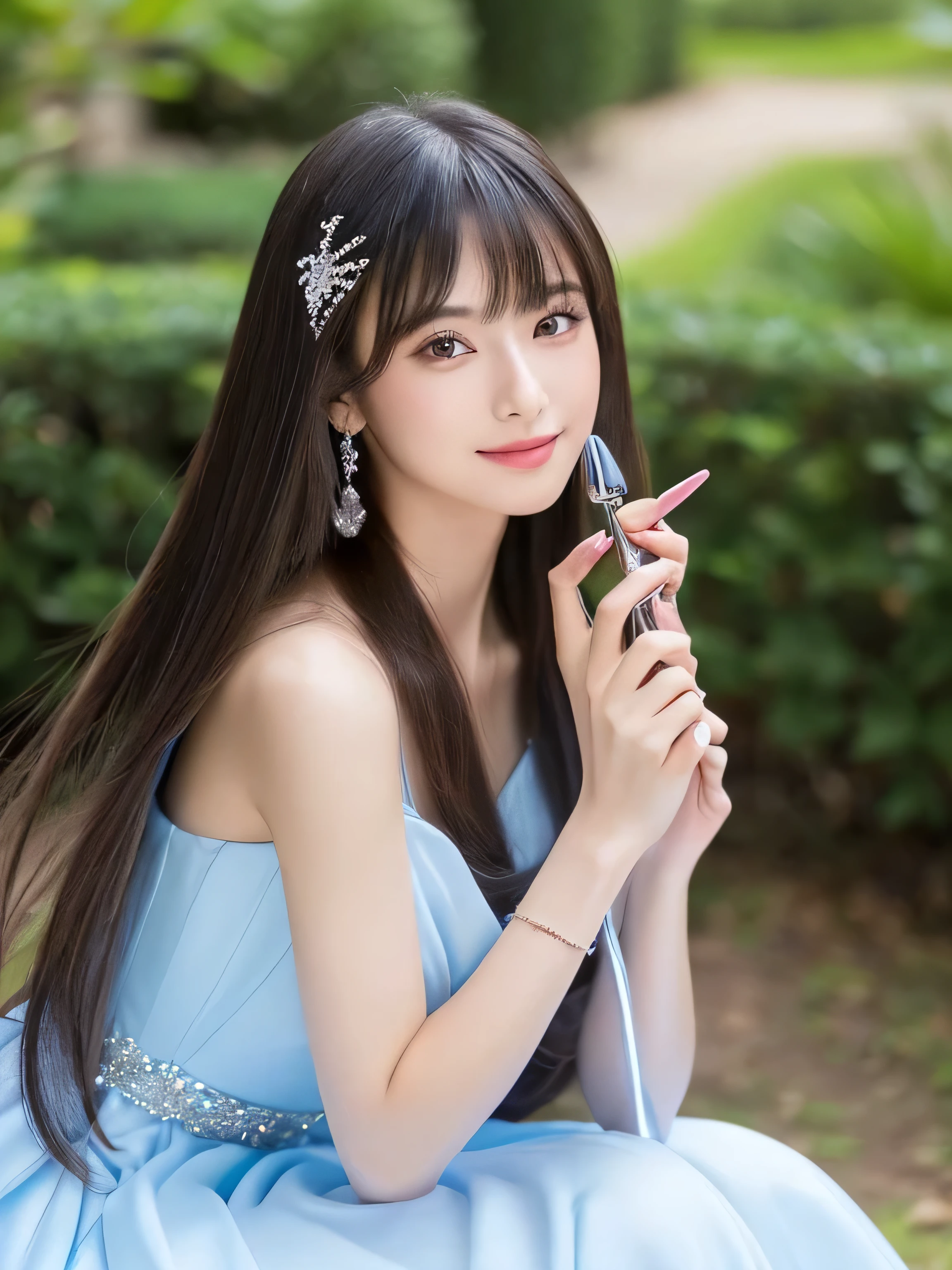 ((Above the knees shot)) (big 1.4) ((highest quality)), ((masterpiece)), (Get used to it), Perfect Face (1 girl) (Japanese) (She is 24 years old、The most beautiful fantasy girls in Japan) ((highest quality)), ((masterpiece)) ((Her hair is incredibly straight, reaches down to her waist, is very shiny and glossy, and has a lot of volume and shine. Her hair is a deep black.)) (Her bangs are beautiful and full:1.3) (She has perfect beautiful makeup Lipstick is light red 私laner is a beautiful black) Anatomically correct hand Thin fingers Anatomically correct five fingers Beautiful Japanese girl face, (Long Hair shiny Long Hair, length, Shiny Thick black hair, length, Her hair is long and straight, Super Long Hair girl, Silky Hair, Silky Hair, length, Flat Hair, Silky texture, Long Hair, length, Flowing, Thick black hair, thin and shiny hair) Anatomically correct、White beautiful human skin and detail of hands and fingers Beautiful Eyes Mouth Details the corners of the mouth rise slightly Cool look (The eyebrows are dark brown in color) (A woman in a blue dress standing in a random location in a fantasy world, dressed beautiful gown, Fantasy Dress, Magical Dress, soft elegant gown, gown, Elegant and refined, Wearing an elegant dress, Elegant and graceful, Wearing a luxurious dress, Pastel Blue, wearing an evening gown, Beautiful dress, beautiful gown, Romantic Dress, beautiful and elegant, So magical and dreamy) (Open your mouth:1.3) (She turns to the viewer and smiles sweetly.) (This is a random place in a fantasy world.:1.3) (She has a magic wand、Healing magic pose:1.5)