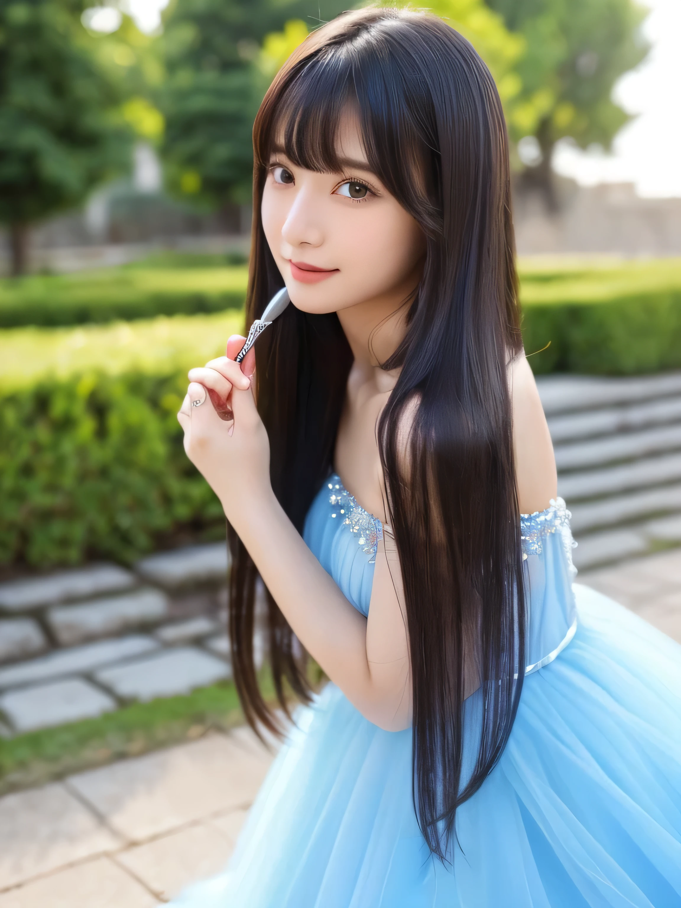 ((Above the knees shot)) (big 1.4) ((highest quality)), ((masterpiece)), (Get used to it), Perfect Face (1 girl) (Japanese) (She is 24 years old、The most beautiful fantasy girls in Japan) ((highest quality)), ((masterpiece)) ((Her hair is incredibly straight, reaches down to her waist, is very shiny and glossy, and has a lot of volume and shine. Her hair is a deep black.)) (Her bangs are beautiful and full:1.3) (She has perfect beautiful makeup Lipstick is light red 私laner is a beautiful black) Anatomically correct hand Thin fingers Anatomically correct five fingers Beautiful Japanese girl face, (Long Hair shiny Long Hair, length, Shiny Thick black hair, length, Her hair is long and straight, Super Long Hair girl, Silky Hair, Silky Hair, length, Flat Hair, Silky texture, Long Hair, length, Flowing, Thick black hair, thin and shiny hair) Anatomically correct、White beautiful human skin and detail of hands and fingers Beautiful Eyes Mouth Details the corners of the mouth rise slightly Cool look (The eyebrows are dark brown in color) (A woman in a blue dress standing in a random location in a fantasy world, dressed beautiful gown, Fantasy Dress, Magical Dress, soft elegant gown, gown, Elegant and refined, Wearing an elegant dress, Elegant and graceful, Wearing a luxurious dress, Pastel Blue, wearing an evening gown, Beautiful dress, beautiful gown, Romantic Dress, beautiful and elegant, So magical and dreamy) (Open your mouth:1.3) (She turns to the viewer and smiles sweetly.) (This is a random place in a fantasy world.:1.3) (She has a magic wand、Healing magic pose:1.5)