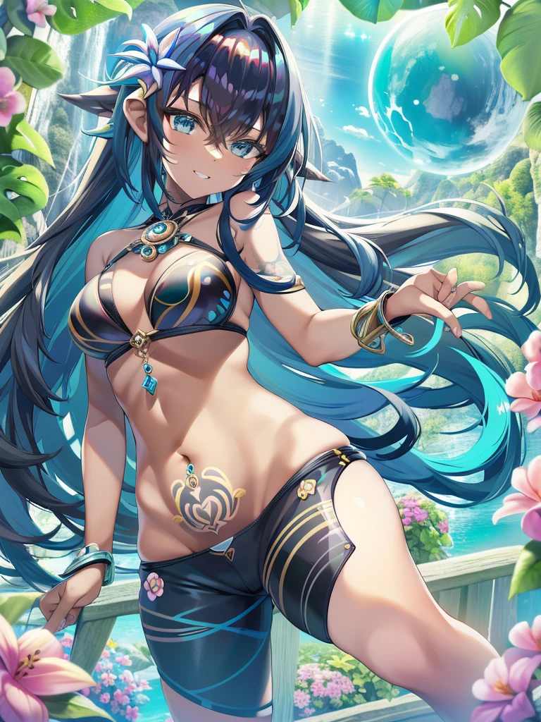 (best quarity,ultra detailed,ultra-high-resolution, absolutely resolution,8k, masterpiece), 20 years old,very-cute-and-beautiful-anime-girl,highly-detailed-face-and-eyes,grin,(bust-shot:1.4),(dark_skin:1.3),(tribal_tatoo:1.2),(Glossy Oceania Accessories:1.5),(wavy hairs),(messy hair),(asymmetry bangs),(multicolored hair),(blue eyes:1.3),(short-pants-bikini),deep-jungle,toropical flowers,