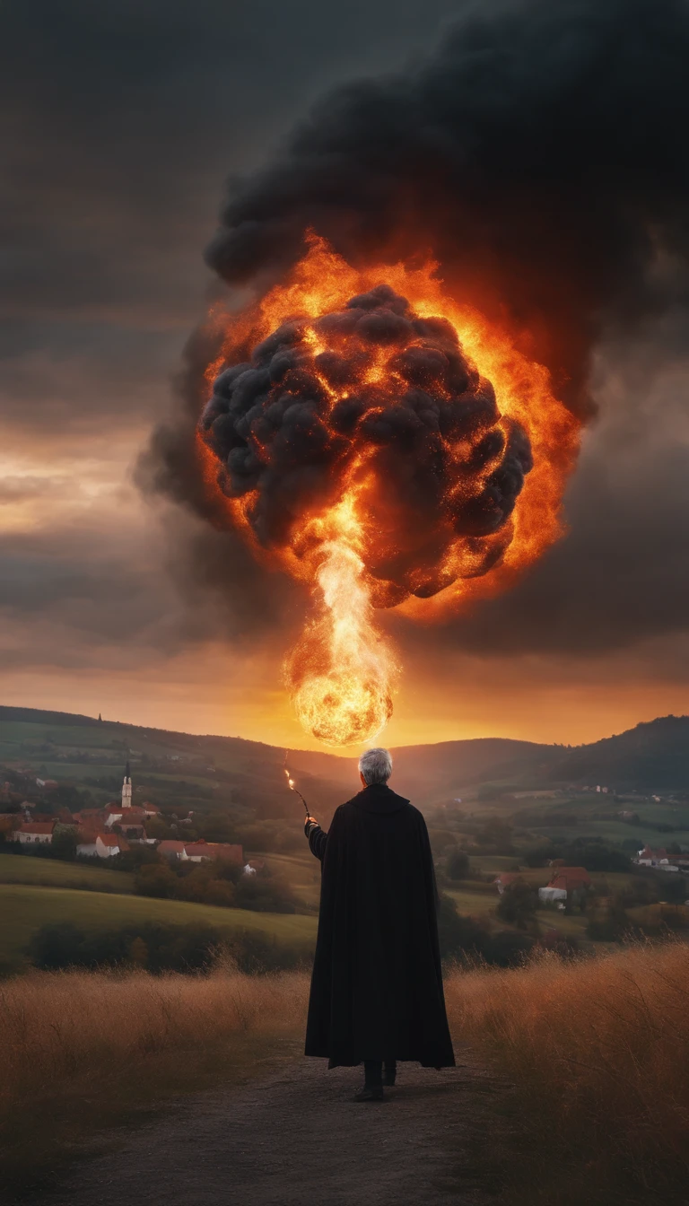 8k, close distance portrait, a male wizard with black clothes and grey short hair from behind, throwing a super massive huge fireball to a village in the distance from hill, with a burning village background the distance