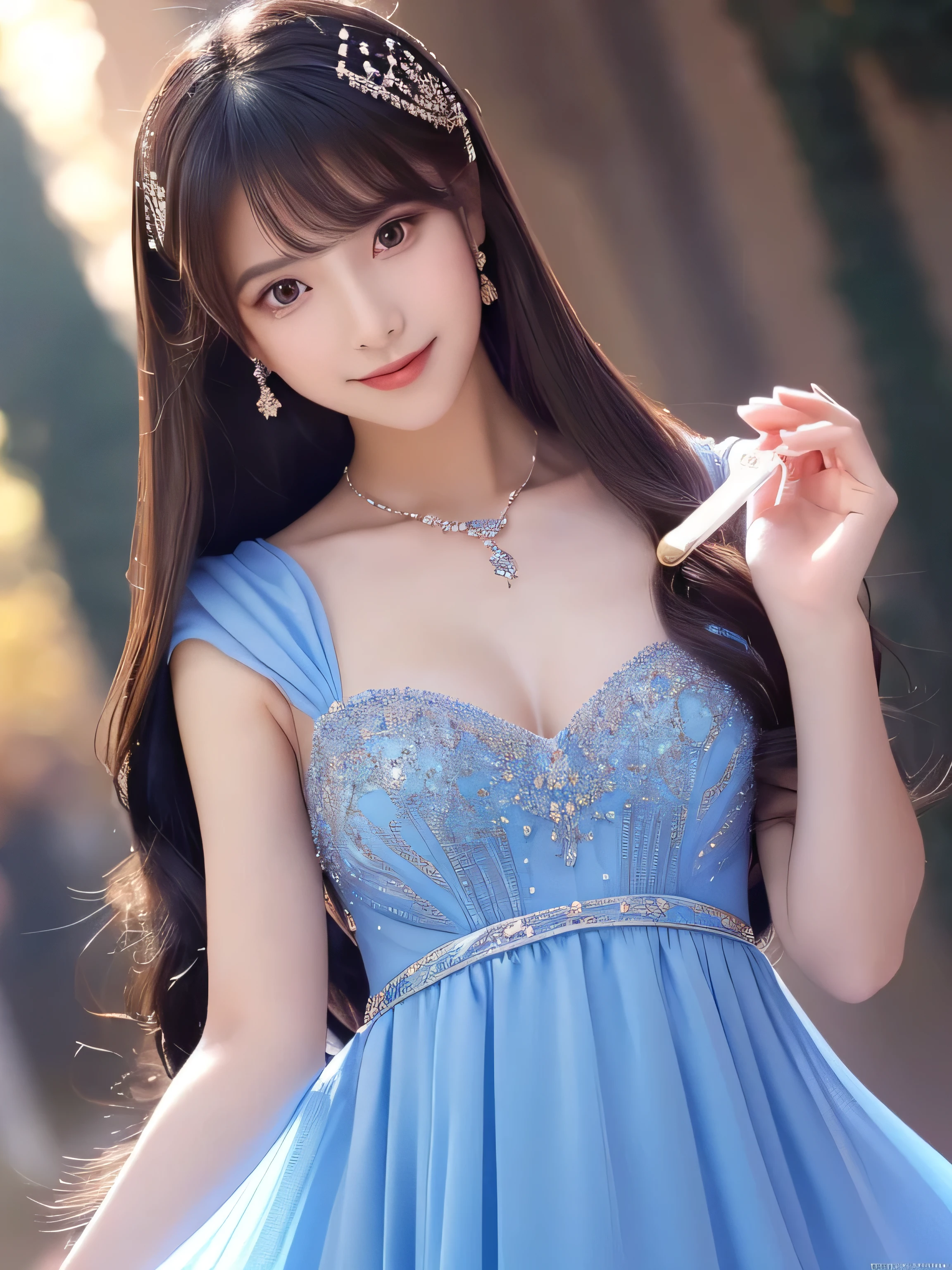 (highest quality, 32k, High resolution, Masterpiece:1.5), Beautiful Japanese Girl, An exceptionally beautiful face, Full body shot, Perfect Human Anatomy, Shiny black hair, Beautiful super long straight silk hair, long bangs with asymmetry, Hair between the eyes, Magical big eyes, Beautifully trimmed thin eyebrows, Smooth and soft white skin, Pale pink lips, Natural Makeup, Cheek gloss highlight, Small Face Beauty, The best smile, ((Blue Princess Dress)), Perfect collarbone, Beautiful chest in high resolution, Slender body and big bust, High resolutionの美しい太もも, Beautiful feet, ((On the hill in spring)), Sitting on a green meadow, ((Absolute area)), Dazzling sunlight, blue sky, White cloud, Professional Lighting, Professional Photographer, Professional models