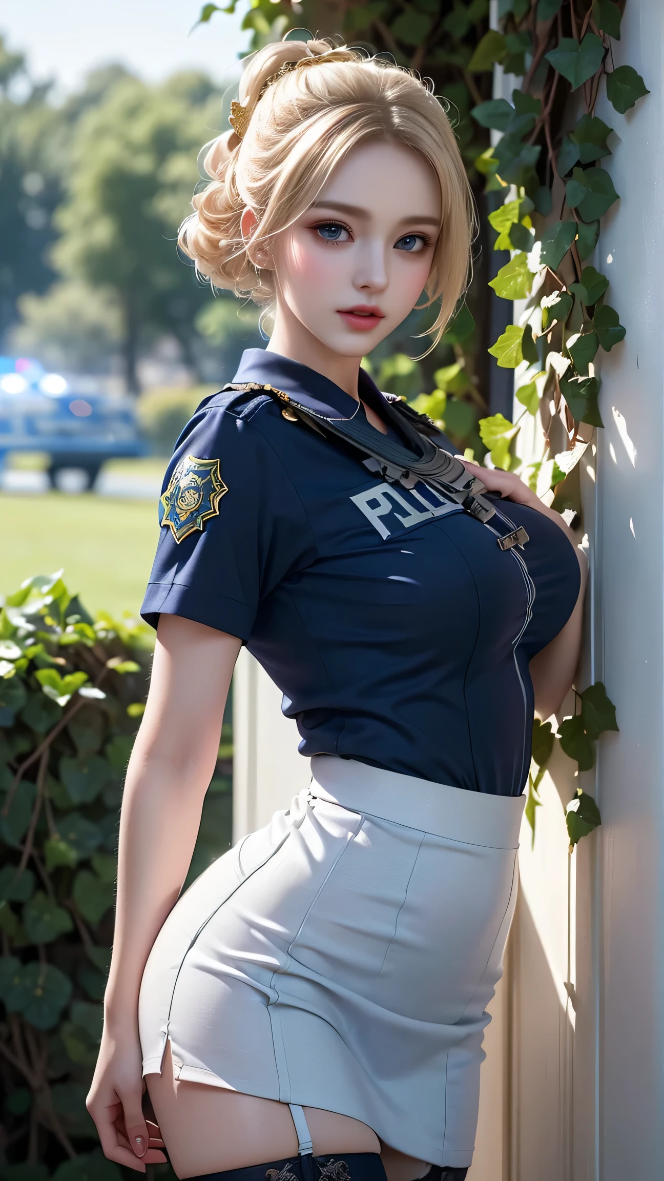((Girl standing in front of an ivy-covered wall in a park))、(Rear view)、(look back),Best quality work,Actual work,Ultra Premium Graphics,8K HD CG Works,High quality graphics,High-definition CG works,10x pixels,Extremely fine detail:1.1,Advanced Technical Details:1.1 Photorealistic,Natural light:1.5. Light effects(virtual Light effects:1.8),((Golden white short hair))、(Bob Hair), Thin eyebrows,High nose, Nice red lips, Rose Cheeks, A face with subtle makeup , Cute face, perfectly balanced face,A light-toned foundation enhances the clarity of your skin.,((female police officer:1.5)),((Light blue short sleeve dress shirt)),((Navy blue tight skirt)). 40k, photograph, Tabletop, highest quality, Rainy background, ((1 Beautiful eyes light haired girl, White skin, Various poses.((Medium sized breasts,:1.1)), highest quality, Tabletop, Ultra-high resolution, (Realistic:1.4), RAWphotograph, (Perfect figure), (slim:1.3), Slim abdomen, Perfect slim figure, Dynamic Pose, alone, Cold light 12000K, Very detailed facial and skin texture, Fine grain, Realistic eyes, Beautiful fine grain, (Realistic Skin), Charm, 超A high resolution, Surreal, Very detailed、(Black Stockings),