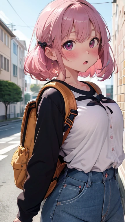 masterpiece、highest quality、Very detailed、Photograph the upper body、1 female、(Put your arms behind your back:1.2)、Are standing、Turn your body forward、View your viewers、(Jersey、rucksack)、Holding nothing in hands、blush、shy、Pink Hair、Open your mouth、camp site、、