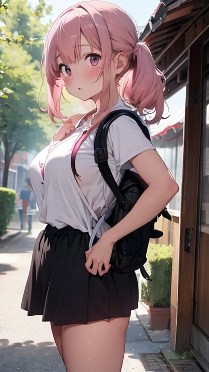 mastute piece,Best Quality,insanely detailed,8k cg,
shoot upper body,
1woman,18age,standing,body in front,looking at viewer,(pink trekking-wear,rucksack),break,
blush,shy,(trembling:1.2),pink hair,break,open mouth,large breast,camp-site,