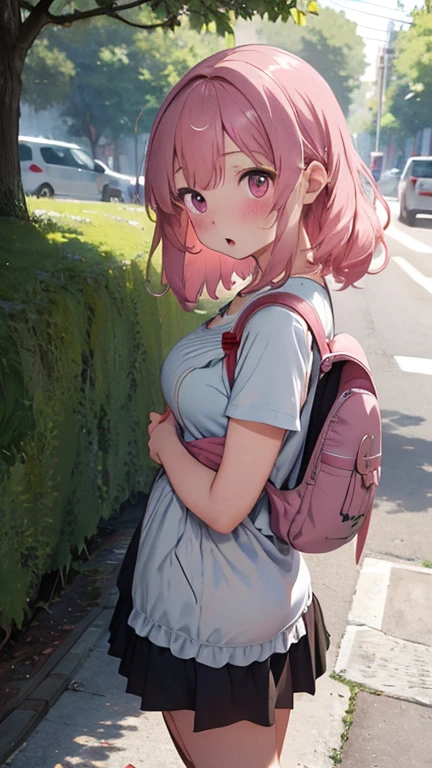 masterpiece、highest quality、Very detailed、Photograph the upper body、1 female、(Put your arms behind your back:1.2)、Are standing、Turn your body forward、View your viewers、(Jersey、rucksack)、Holding nothing in hands、blush、shy、Pink Hair、Open your mouth、camp site、Big Breasts、