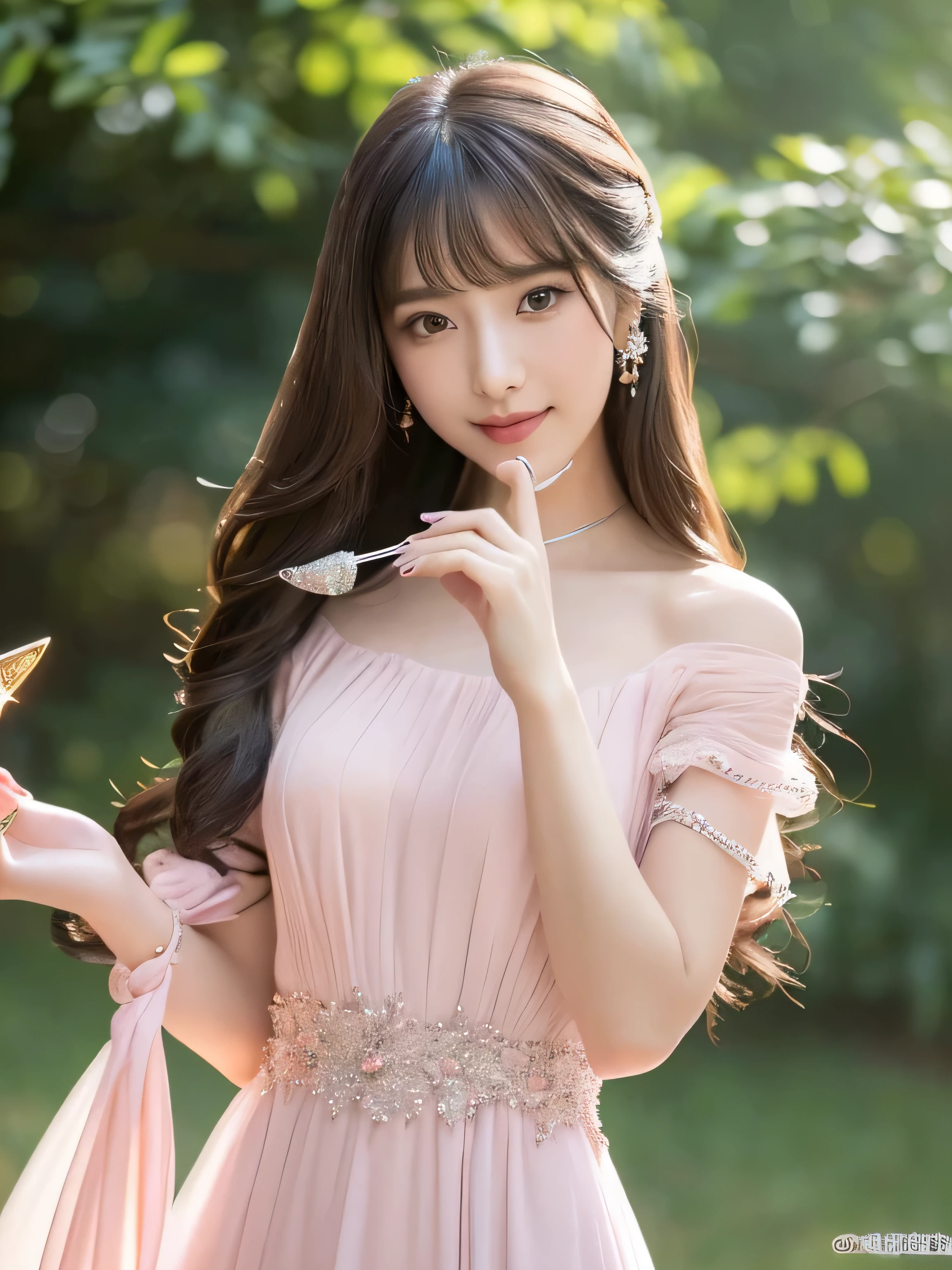 ((Above the knees shot)) (big 1.4) ((highest quality)), ((masterpiece)), (Get used to it), Perfect Face (1 girl) (Japanese) (She is 24 years old、The most beautiful fantasy girls in Japan) ((highest quality)), ((masterpiece)) ((Her hair is incredibly straight, reaches down to her waist, is very shiny and glossy, and has a lot of volume and shine. Her hair is a deep black.)) (Her bangs are beautiful and full:1.3) (She has perfect beautiful makeup Lipstick is light red 私laner is a beautiful black) Anatomically correct hand Thin fingers Anatomically correct five fingers Beautiful Japanese girl face, (Long Hair shiny Long Hair, length, Shiny Thick black hair, length, Her hair is long and straight, Super Long Hair girl, Silky Hair, Silky Hair, length, Flat Hair, Silky texture, Long Hair, length, Flowing, Thick black hair, thin and shiny hair) Anatomically correct、White beautiful human skin and detail of hands and fingers Beautiful Eyes Mouth Details the corners of the mouth rise slightly Cool look (The eyebrows are dark brown in color) (A woman in a pink dress standing in a random location in a fantasy world, dressed beautiful gown, Fantasy Dress, Magical Dress, soft elegant gown, gown, Elegant and refined, Wearing an elegant dress, Elegant and graceful, Wearing a luxurious dress, Pastel Pink, wearing an evening gown, Beautiful dress, beautiful gown, Romantic Dress, beautiful and elegant, So magical and dreamy) (Open your mouth:1.3) (She turns to the viewer and smiles sweetly.) (This is a random place in a fantasy world.:1.3) (She has a magic wand、Healing magic pose:1.5)