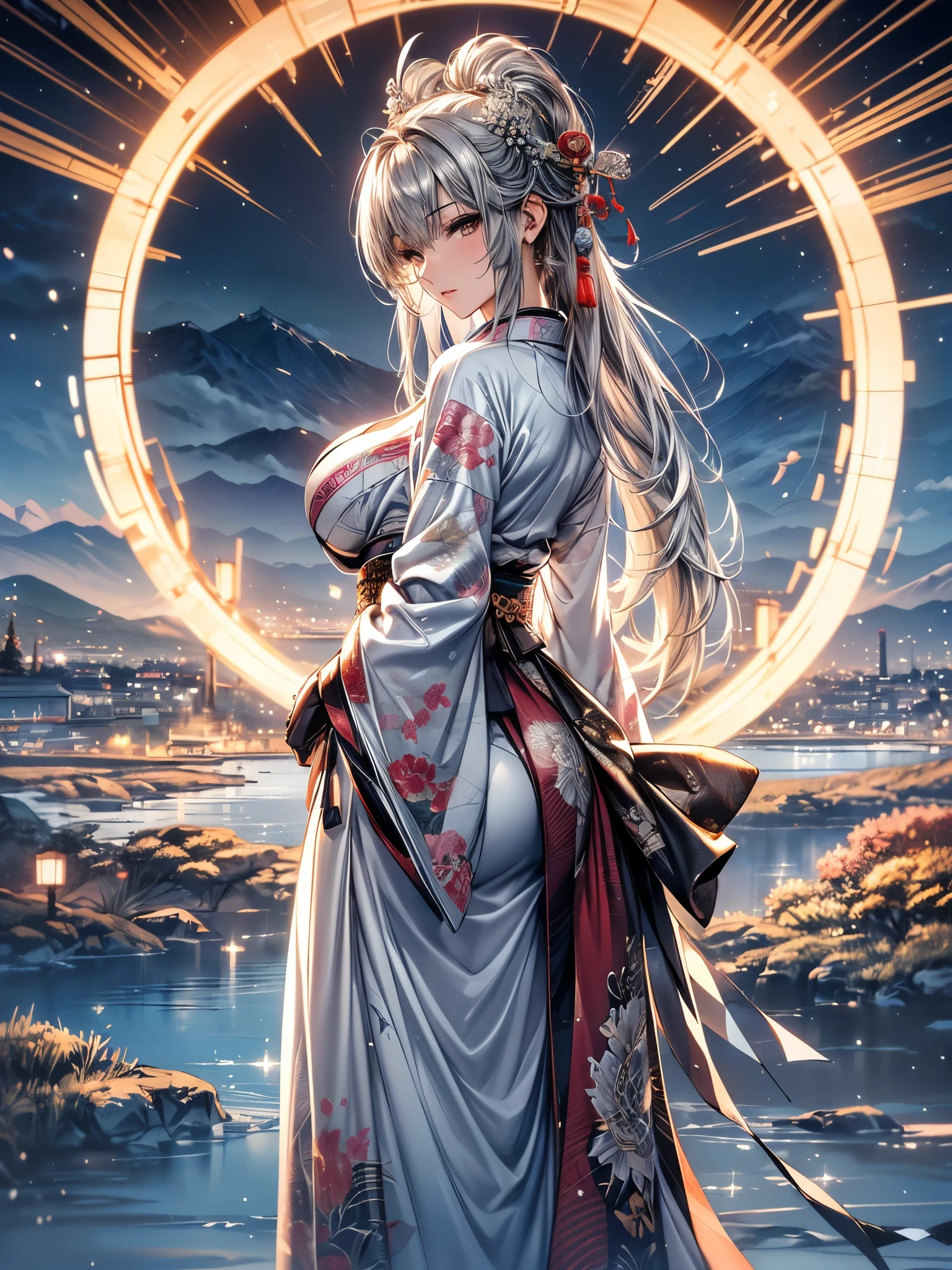 (Beautiful models in Japanese kimono ads), (Solitary), ((The face is 80% Beauty and elegance, 20% Playful:1.5)), (Her), Clear eyes, (Delicate eyes, Light brown eyes, Smart pupils), Double eyelids, (y and slightly thick lips:1.2), Ultra Detailed and incredibly high resolution Kimono, Highly detailed facial texture, Attractive body shape, Full figure、very attractive woman, High-resolution RAW color photos Professional photos, rest ultra high-resolution textures, High resolution body rendering, big eyes, An unrivalled masterpiece, Incredibly high resolution, Ultra Detailed, Amazing ceramic skin, rest (Wearing a sparkling limpa flow silver kimono,There are many colors of Limpa Silver), (The main color is Rinpa shiny silver, Black to silver gradient from hem to collar), (Meticulously crafted classic Japanese shiny silver kimono), ((The embroidery pattern is a Japanese dragon, cloud, Mountains, and rivers)), (A belt that matches this kimono), ((shiny silver kimono,With delicate and elegant embroidery)), (The background is a nigview,Light snow falling) rest ((best quality, 8k)), Clear focus:1.2, (Layer cutting, Large target:1.2), (Beautiful Women in Perfect Shape:1.4), (Beautiful figure,Full breast Slim waist, (The right hand shape:1.5), (full-body shot | Cowboy shooting | Rear view)