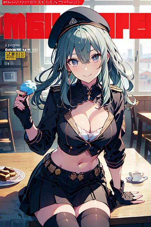 (from below:1.2),(from side:0.9), ((beautiful Face)), (Close-Up:0.6), ((looking at viewer, holding a icecream)),(Italian sweets magazine cover:1.4), highest quality、(real、photorealistic:1.5),(ultra high resolution,dark green hair,long hair,side ponytail,hair between eyes,bangs, (beret, black Military uniform, bulletproof jacket, open clothes, cleavage:1.4, midriff, black perfect medium skirt, black thighhighs, thigh strap, fingerless gloves, single glove:1.2), (double breasted,under bust:1.2), sitting at a table, cute, visual of a cute girl, cute girl, eating cakes, young girl, guweiz, high quality anime artstyle, anime girl, artwork in the style of guweiz, beautiful girl, pretty girl, official artwork,(with sparkling eyes and a contagious smile),her thin pubic hair, looking at viewer, pose muy sexy"
