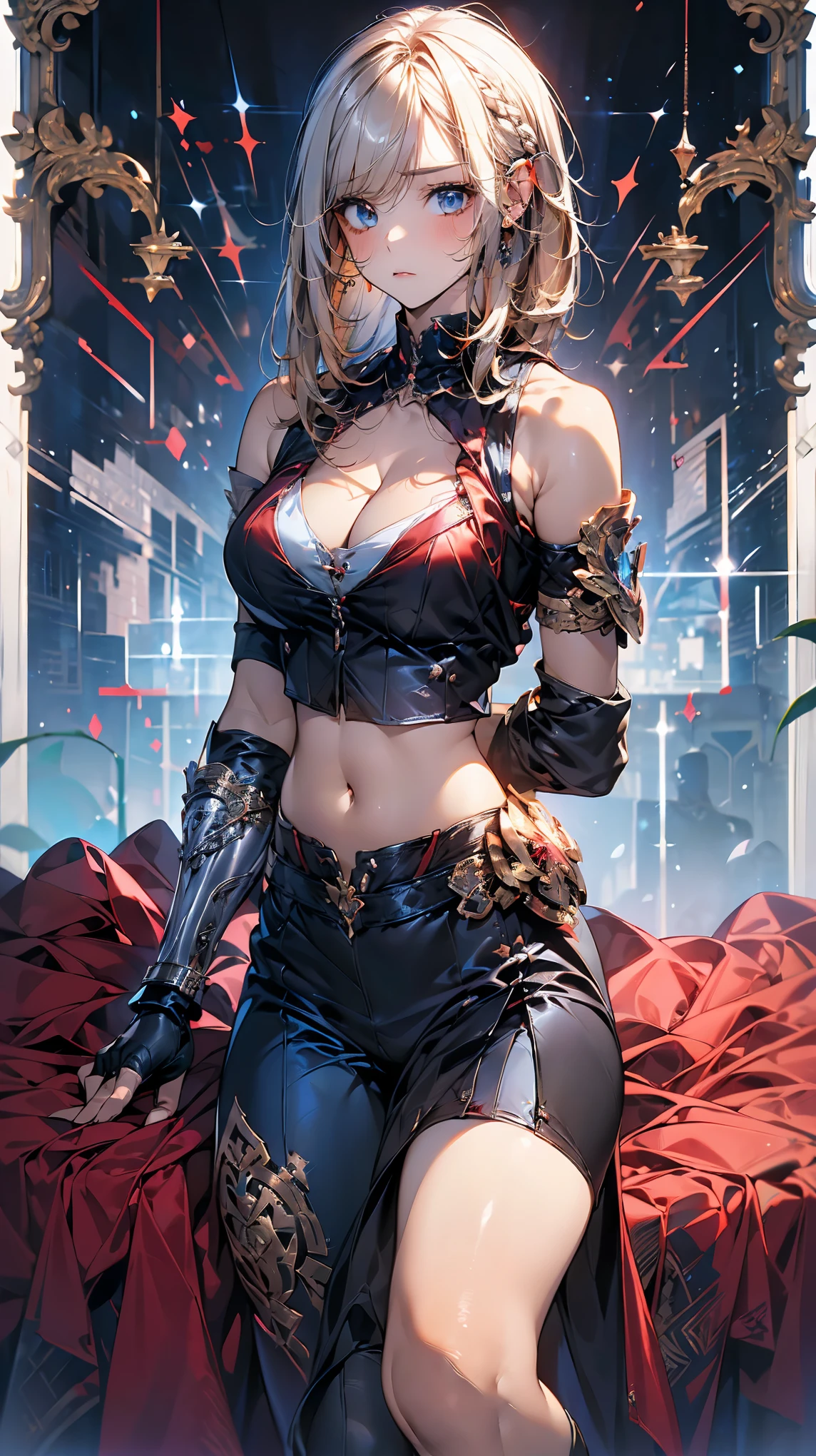 (((woman))), (((best qualityer))), (((tmasterpiece))), (((AS-Adult))), (((1girll))), ((( Bob Hair))), A 20-year-old cyberpunk gladiator with a perfect body, Shoulder pads with metal spines, Brooklyn gladiolus, Small leather panties, Torn football team shirt, Simon Beasley, almost naked(Simon Bisley)Urban barbaric style for(heavy metal) Minimum clothing, Left arm metal protection,With complex graphics, dark red color,White stars and white and navy blue checkerboard pattern, armure, Full of tips and rivets, (((From the knee up))), Short white blonde hair, The background is Shepard Fairley(Shepard Fairey)Painted walls of complex design,standing,(large breasts),(wide hips:1.5),(Stand with your hands on your hips and your weight on one leg),(cleavage:1.5),white clothing,