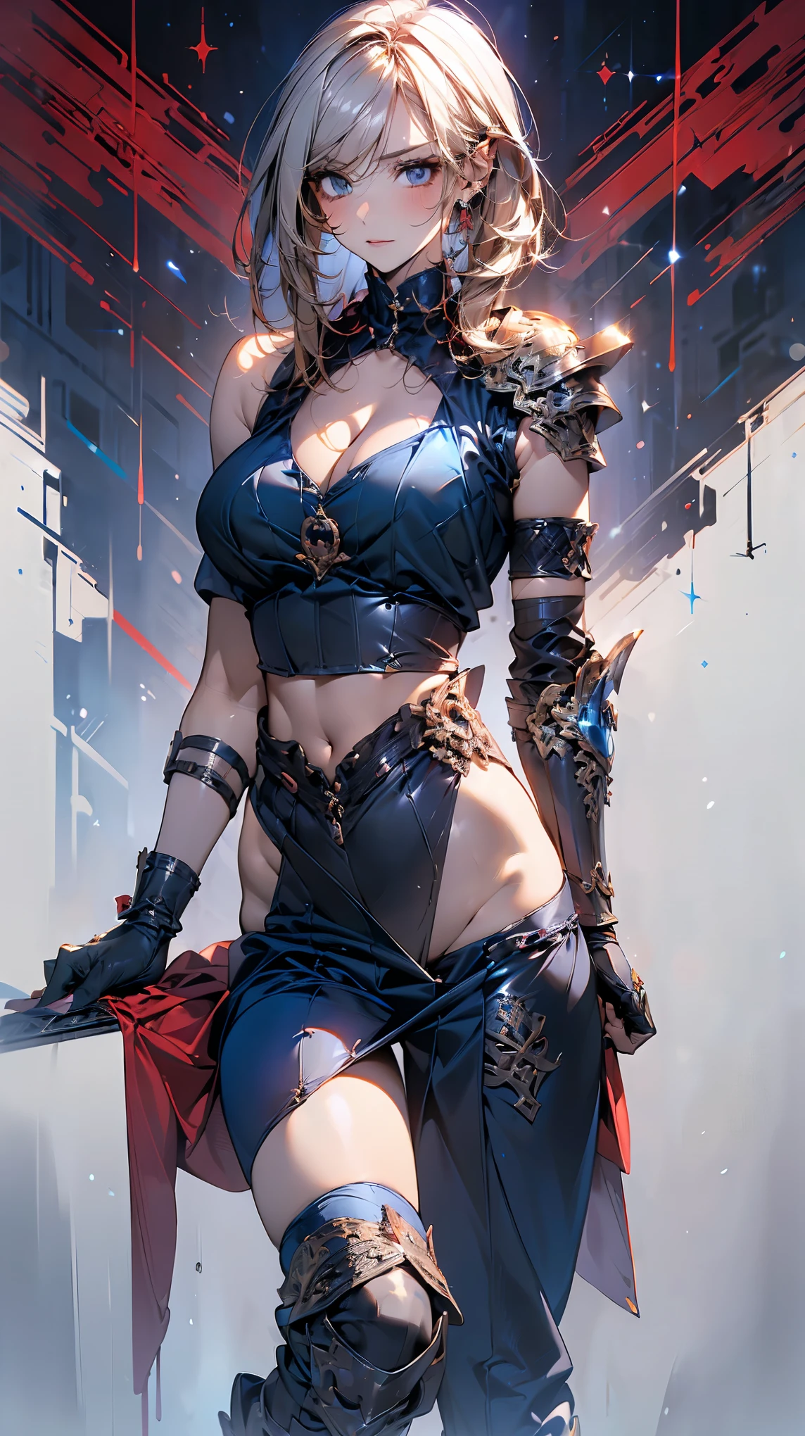 (((woman))), (((best qualityer))), (((tmasterpiece))), (((AS-Adult))), (((1girll))), ((( Bob Hair))), A 20-year-old cyberpunk gladiator with a perfect body, Shoulder pads with metal spines, Brooklyn gladiolus, Small leather panties, Torn football team shirt, Simon Beasley, almost naked（Simon Bisley）Urban barbaric style for(heavy metal) Minimum clothing, Left arm metal protection,With complex graphics, dark red color，White stars and white and navy blue checkerboard pattern, armure, Full of tips and rivets, (((From the knee up))), Short white blonde hair, The background is Shepard Fairley（Shepard Fairey）Painted walls of complex design,standing,(large breasts),(wide hips:1.5),(Stand with your hands on your hips and your weight on one leg),(cleavage:1.5),white clothing,
