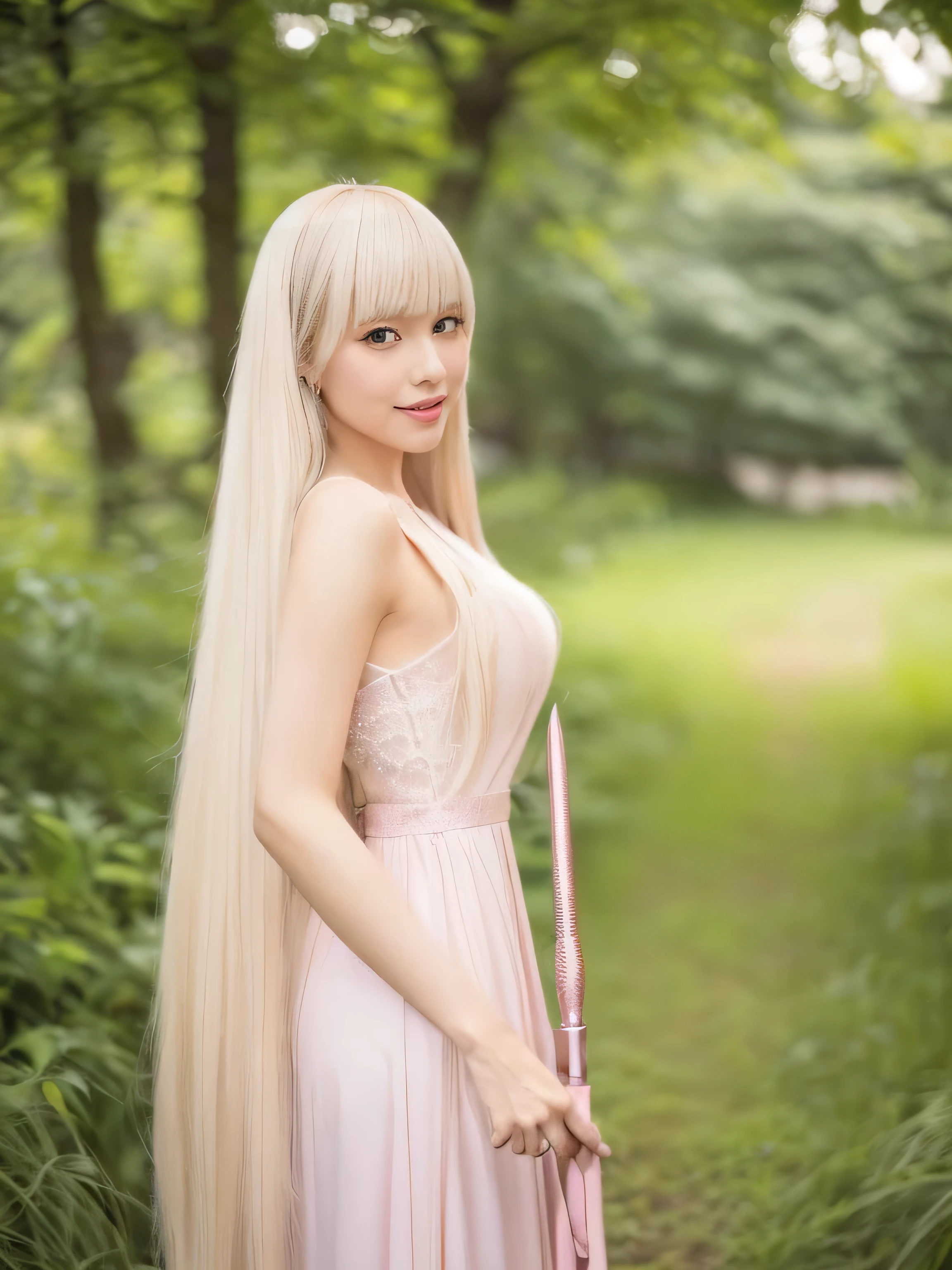 ((Above the knees shot)) (big 1.4) ((highest quality)), ((masterpiece)), (Get used to it), Perfect Face (1 girl) (Japanese) (She is 24 years old、The most beautiful fantasy girls in Japan) ((highest quality)), ((masterpiece)) ((The highest quality and the best details of her hair, which is incredibly curly and reaches down to her waist, is very shiny and glossy and has a lot of volume and shine, and her hair color is Platinum Blonde Hair.)) (Her bangs are beautiful and full:1.3) (She has perfect beautiful makeup Lipstick is light red 私laner is a beautiful black) Anatomically correct hand Thin fingers Anatomically correct five fingers Beautiful Japanese girl face, (Long Hair shiny Long Hair, length, ShinyPlatinum Blonde Hair , length, Her hair is long and straight, Super Long Hair girl, Silky Hair, Silky Hair, length, Flat Hair, Silky texture, Long Hair, length, Flowing, Platinum Blonde Hair, Thick and shiny hair) Anatomically correct、White beautiful human skin and detail of hands and fingers Beautiful Eyes Mouth Details the corners of the mouth rise slightly Cool look (The eyebrows are dark brown in color) (A woman in a pink dress standing in a random location in a fantasy world, dressed beautiful gown, Fantasy Dress, Magical Dress, soft elegant gown, gown, Elegant and refined, Wearing an elegant dress, Elegant and graceful, Wearing a luxurious dress, Pastel Pink, wearing an evening gown, Beautiful dress, beautiful gown, Romantic Dress, beautiful and elegant, So magical and dreamy) (Open your mouth:1.3) (She turns to the viewer and smiles sweetly.) (This is a random place in a fantasy world.:1.3) (She has a magic wand、Healing magic pose:1.5)