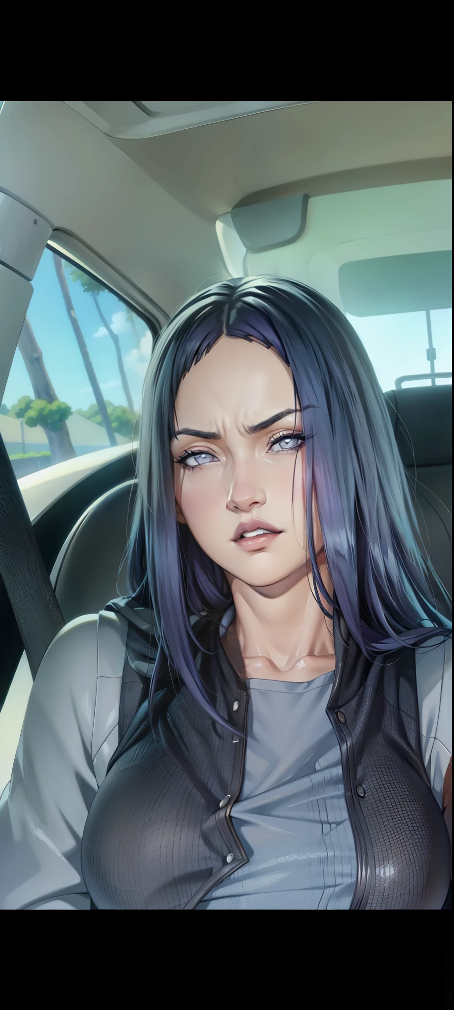Hinata Hyuga, extremamente realista, muito linda, em um carro, cabelo liso