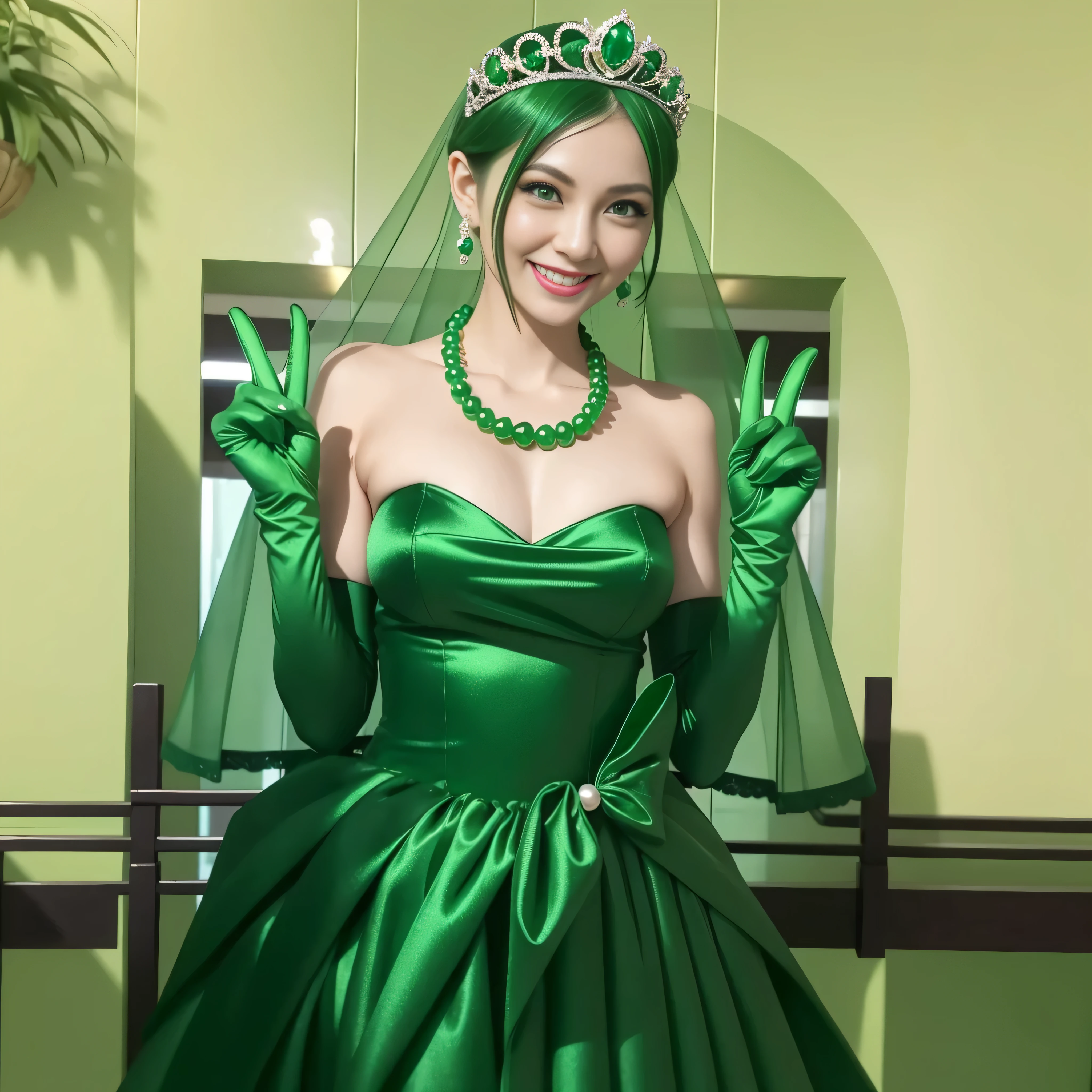 Emerald tiara, Green Pearl Necklace, Boyish very short green hair, lipstick, Smiling Japanese woman, Very short hair, Big tits beautiful, Green Eyes, Long green satin gloves, Green Eyes, v sign, Emerald Earrings, Green Veil