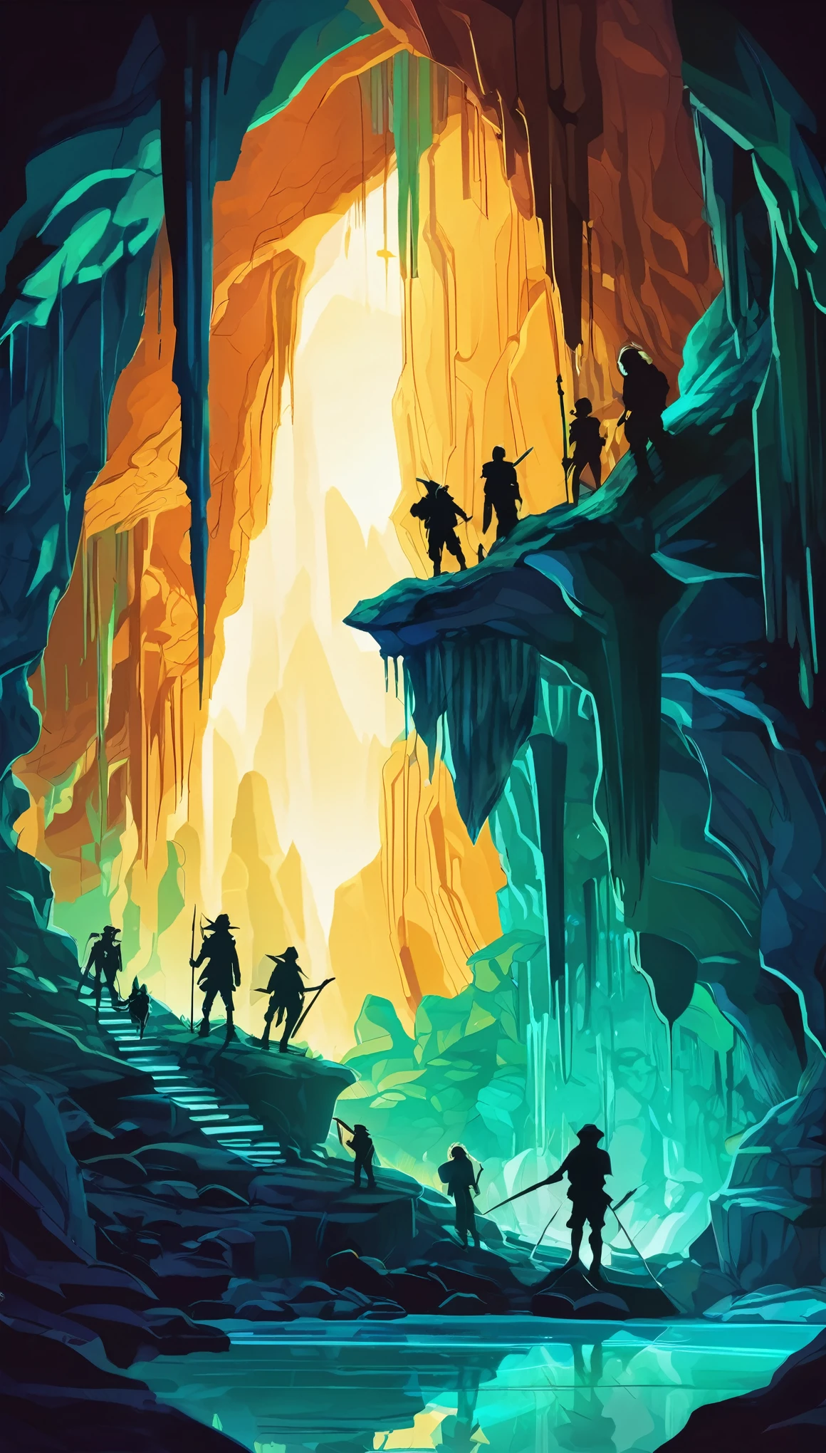 Retro-inspired digital painting, A group of adventurers exploring a mysterious cave, A dimly lit cave filled with stalactites, stalagmites, and glowing crystals, with hidden passages leading deeper into the darkness, Rich, earthy tones for the cave walls, with accents of vibrant blues and greens for the glowing crystals and eerie light sources, A wide shot of the adventurers standing at the entrance of the cave, silhouetted against the dim light from within, with the cave stretching out before them
