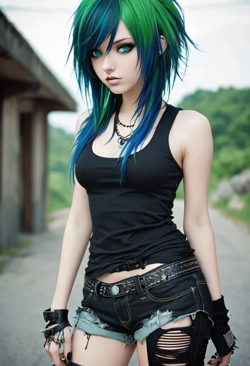 ((Best quality)), ((masterpiece)), (detailed), perfect face, ultra-detailed, 1 sexy girls, Appearance = beautiful, rock style, Young, perfect body, dressed in emo style, looks like emo, emo appearance, perfect body, green hair, blue eyes