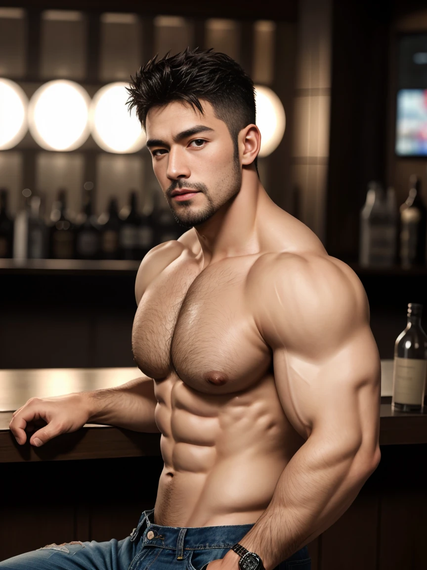 Ultra wide angle，masterpiece, best quality, high resolution, Close-up portrait, male focus, focus alone, muscular, Burly, hairy, male, A handsome man,Sexy and charming expression， Perfect face, blush, scruffy beard, short hair, Exposed chest,Swelling of chest muscles，Six-pack abs， jeans, At the bar, neon, Front view, whole body, amazing composition, Front view, HDR, Volumetric Lighting, Ultra-high quality, elegant, Very detailed