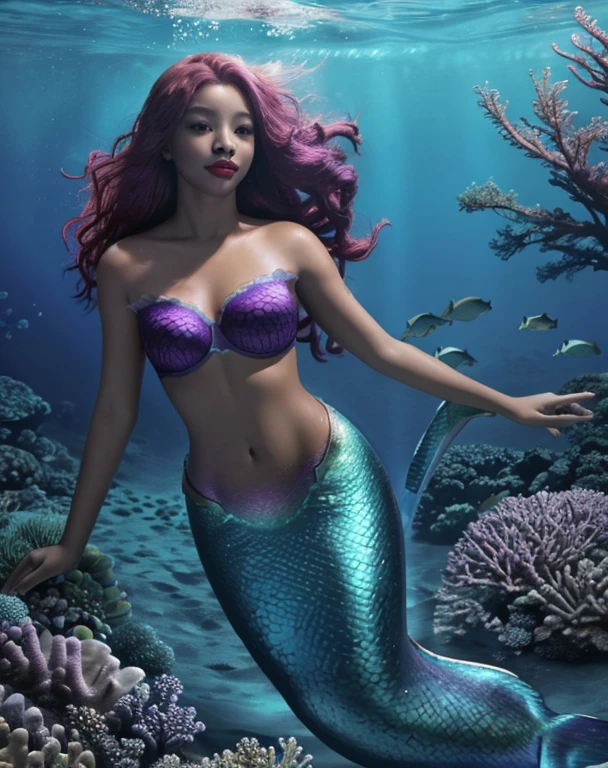 mermaid , ful body, purple bra, mermaid, red hair, red lips, african, black skin, water, swim under ocean, looking at viewer, night, underwater, 