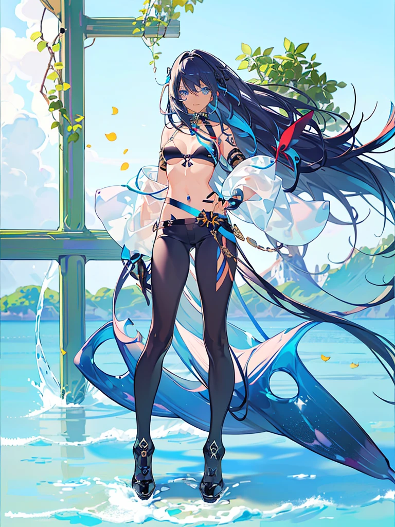 (best quarity,ultra detailed,ultra-high-resolution, absolutely resolution,8k, masterpiece), 20 years old,very-cute-and-beautiful-anime-girl,highly-detailed-face-and-eyes,grin,(bust-shot:1.4),(dark_skin:1.3),(tribal_tatoo:1.2),(Glossy Oceania Accessories:1.5),(wavy hairs),(messy hair),(asymmetry bangs),(multicolored hair),(blue eyes:1.3),(short-pants-bikini),deep-jungle,toropical flowers,