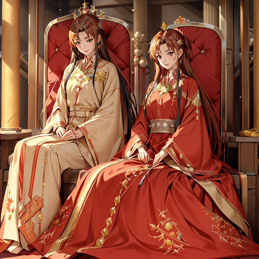 ((highest quality)), ((masterpiece)), (detailed), Perfect Face、Yuuki Asuna、Brown Hair、Hanfu、((5 year old son))、（Mother and son）、（Family photo）、Gorgeous embroidery、(A man and a woman sit side by side on a large, luxurious throne in a palace)、Gorgeous Phoenix Crown、The woman is wearing a gorgeous court costume.、Woman has a happy face、Gorgeous hair ornament、Earrings、necklace、Bracelet、Luxury accessories、His son is the prince