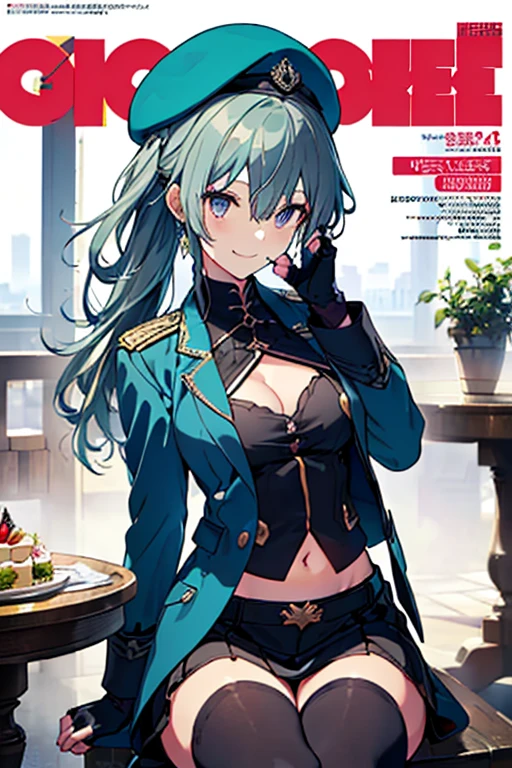 (from below:1.2),(from side:0.9), ((beautiful Face)), (Close-Up:0.6), ((looking at viewer, holding a icecream)),(Italian sweets magazine cover:1.4), highest quality、(real、photorealistic:1.5),(ultra high resolution,dark green hair,long hair,side ponytail,hair between eyes,bangs, (beret, black Military uniform, bulletproof jacket, open clothes, cleavage:1.4, midriff, black perfect medium skirt, black thighhighs, thigh strap, fingerless gloves, single glove:1.2), (double breasted,under bust:1.2), sitting at a table, cute, visual of a cute girl, cute girl, eating cakes, young girl, guweiz, high quality anime artstyle, anime girl, artwork in the style of guweiz, beautiful girl, pretty girl, official artwork,(with sparkling eyes and a contagious smile),her thin pubic hair, looking at viewer, pose muy sexy"