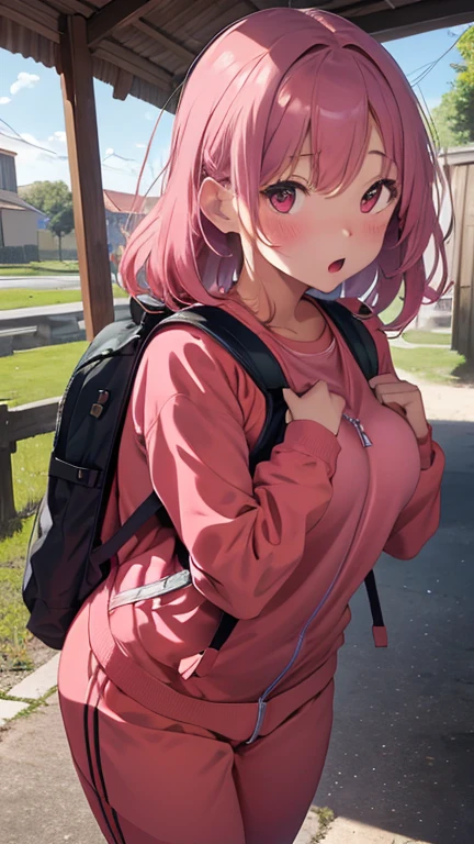 masterpiece、highest quality、Very detailed、Photograph the upper body、1 female、(Put your arms behind your back:1.2)、Are standing、Turn your body forward、View your viewers、(red tracksuit、rucksack)、Holding nothing in hands、blush、shy、Pink Hair、Open your mouth、camp site、Big Breasts、