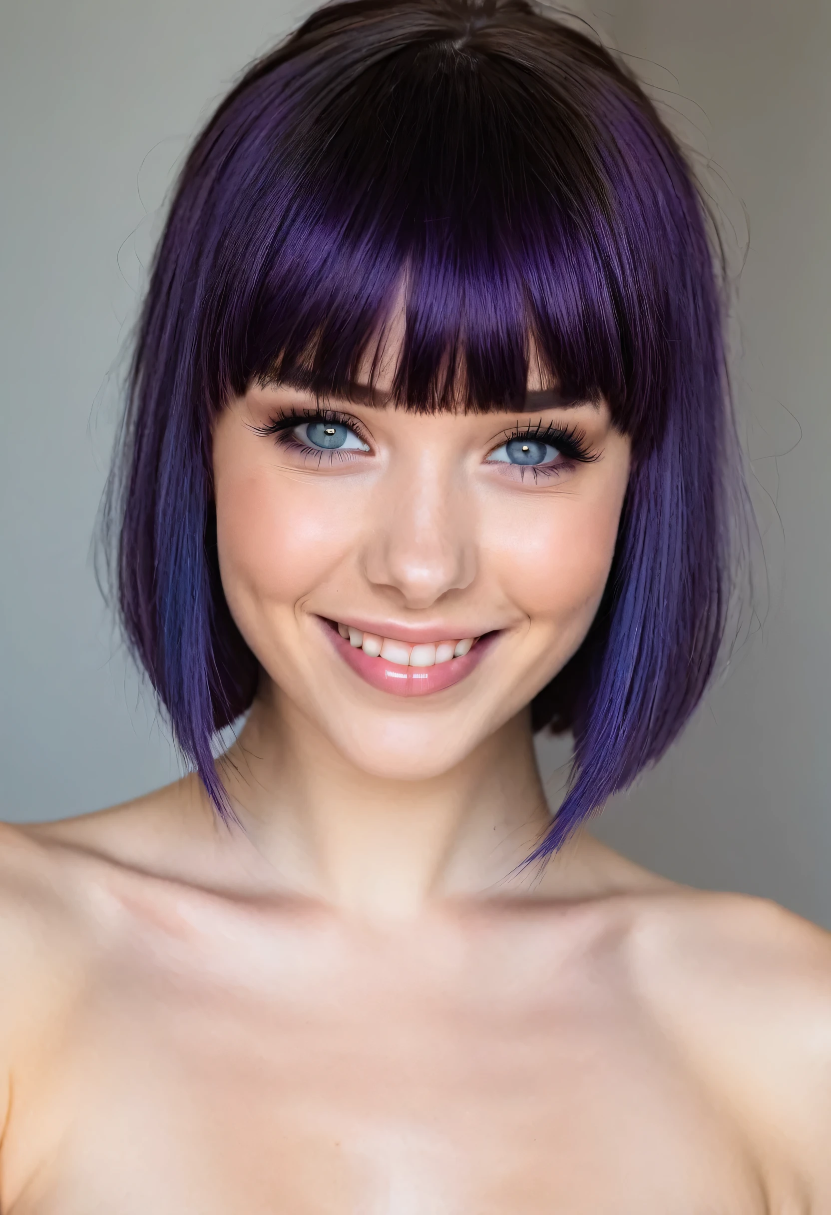 American pornstar top model, 19 years old, short violet hair, smile, hazel blue eyes, full bangs, dark makeup, hyperdetailed photography, soft light, head and shoulders portrait, cover, charismatic, sexy, sensual