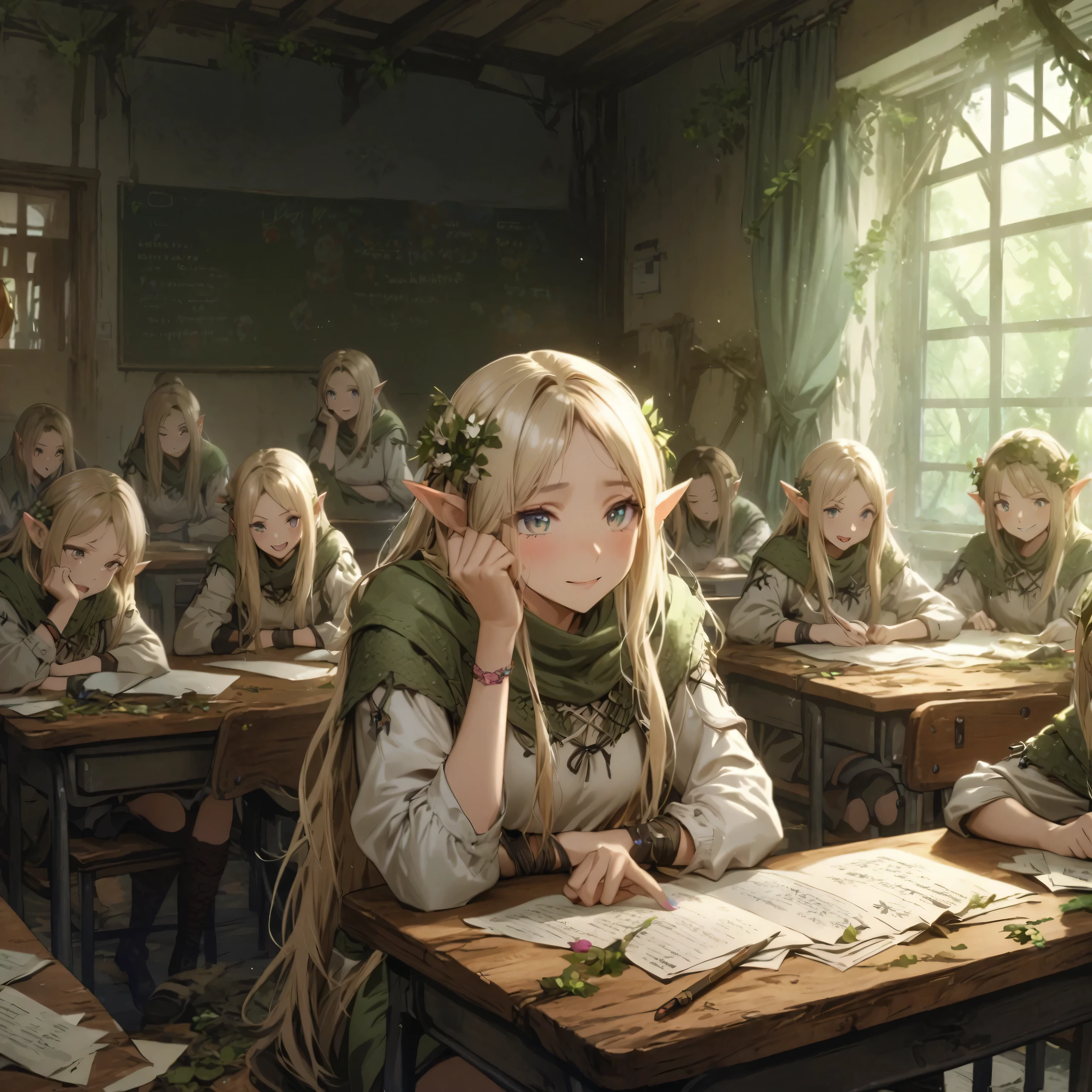 A girl with her classmates , Colourful vibrant anime style