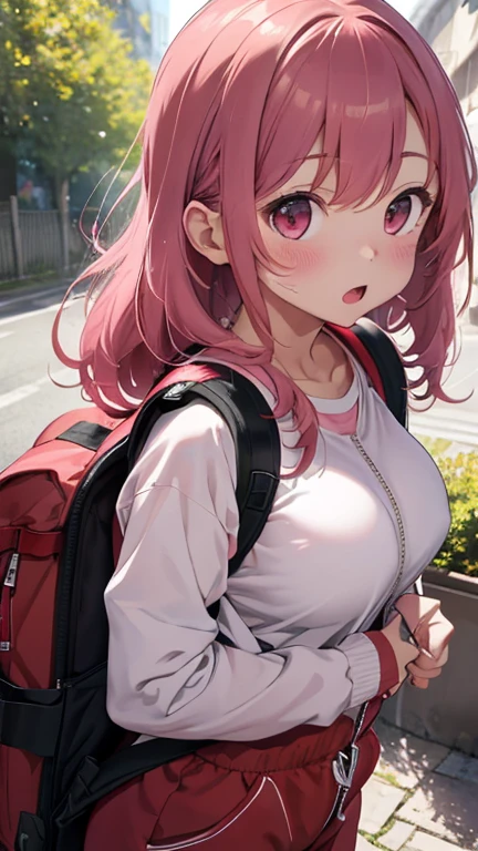 masterpiece、highest quality、Very detailed、Photograph the upper body、1 female、(Put your arms behind your back:1.2)、Are standing、Turn your body forward、View your viewers、(red tracksuit、rucksack)、Holding nothing in hands、blush、shy、Pink Hair、Open your mouth、camp site、Big Breasts、