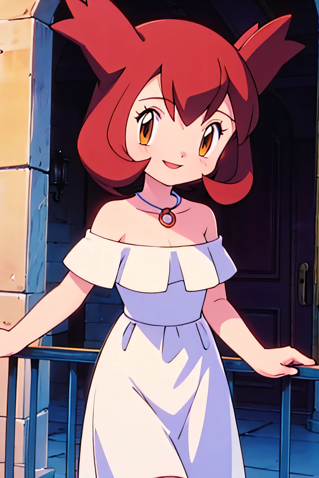 1 girl, solo, Pokemon Heroes (Bianca), Brown Hair, brown eyes, bare shoulders, strapless, off shoulders, white ruffle off the shoulder maxi dress, smile, ocean, balcony on the palace, cowboy shot, facing viewer,, absurdres, ultra detailed, masterpiece, best quality, ager, pokemovies, purple sundown