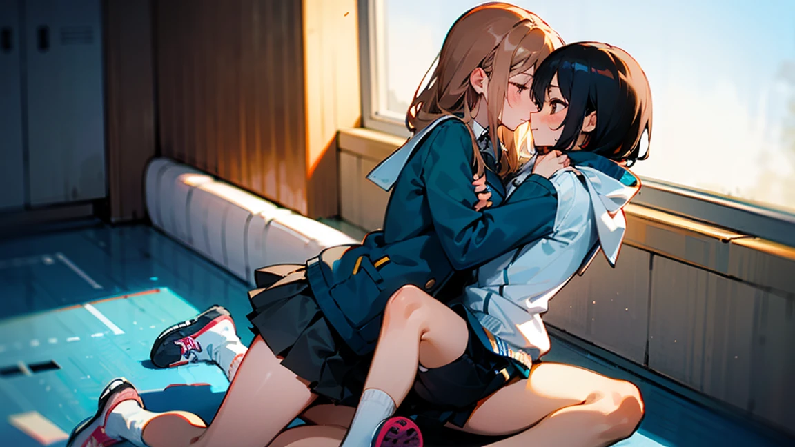campus,two girls,16 years old,beautiful,hug each other tightly,Uniforms,coat,Short skirt,Bare legs,White socks,sports shoes,emaciated,thin legs