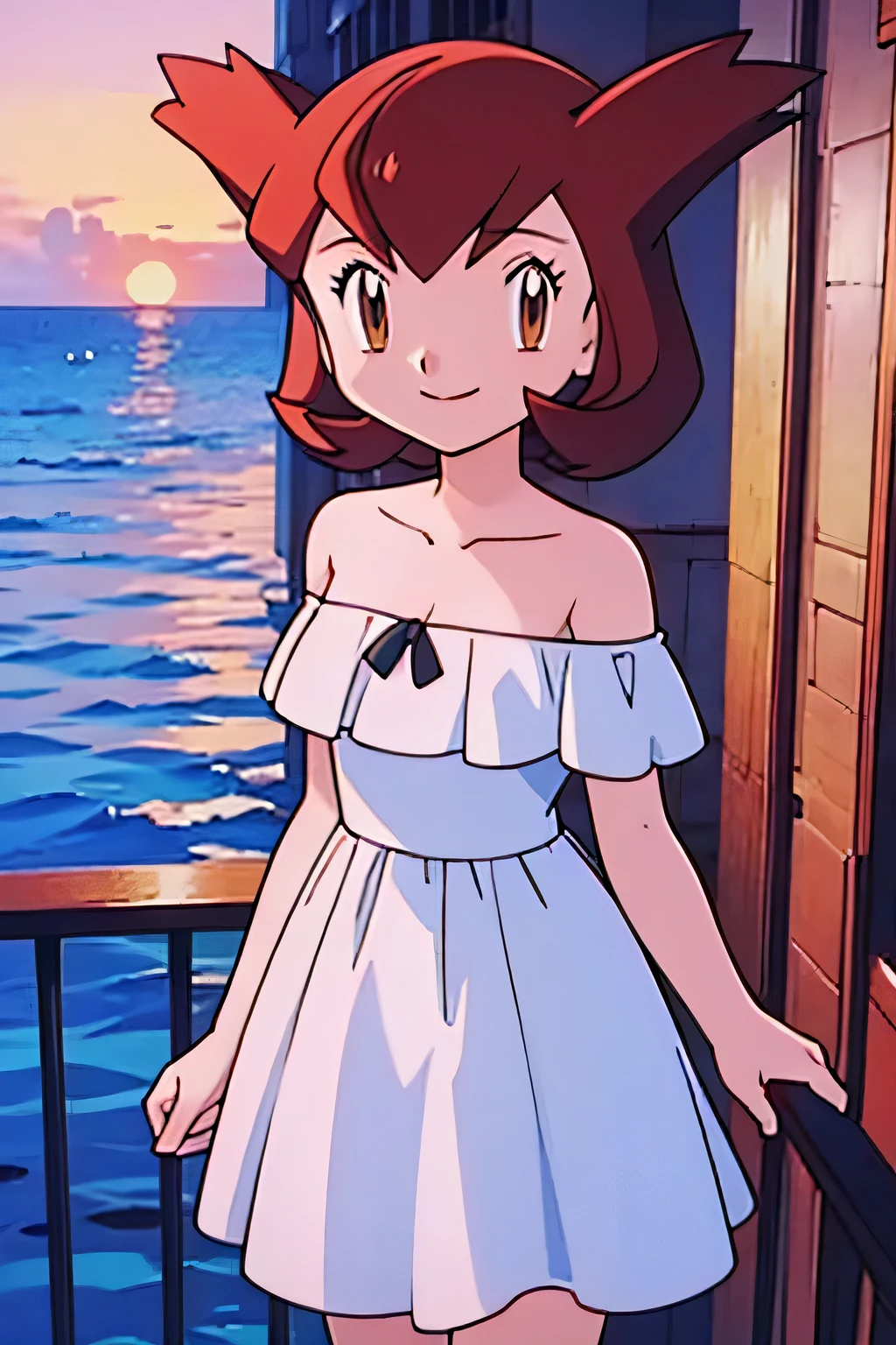 1 girl, solo, Pokemon Heroes (Bianca), Brown Hair, brown eyes, bare shoulders, strapless, off shoulders, white ruffle off the shoulder maxi dress, smile, ocean, balcony on the palace, cowboy shot, facing viewer,, absurdres, ultra detailed, masterpiece, best quality, ager, pokemovies, purple sundown