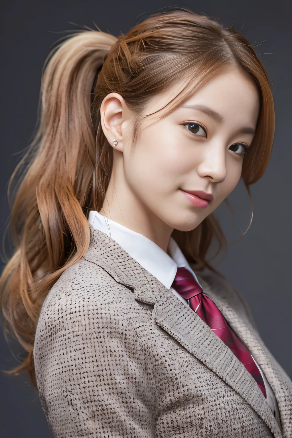 Woman taking a photo wearing a suit and tie, Professional Profile Photo, Corporate Portrait, Businesswoman, Professionally taken photos in good lighting, smile, ponytail, Bust photo, Natural pose, Realistic, True Face, Looking at the camera, The eyes are consistent