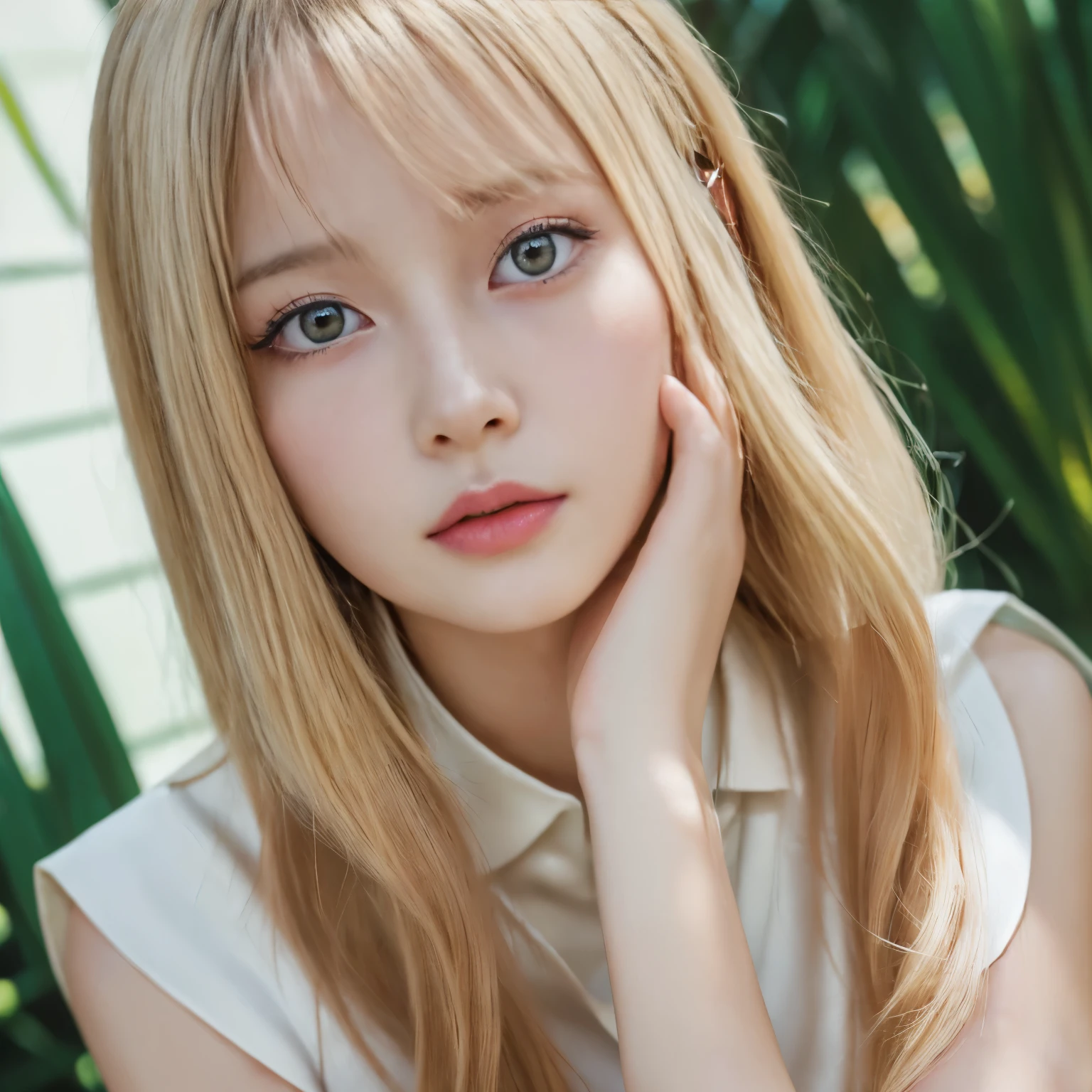 (masterpiece,8k Raw Photo:1.5,Ultra-high resolution,super high quality,Hyperrealistic:1.5)、Gentle expression、Kneel,Place your hands between your legs、Platinum silver blonde hair,Vivid details,In detail、Surreal,35mm Film,Absent-minded,movie、( Lip gloss,eyelash,Glossy face,Glowing Skin,Fine, silky skin、highest quality,Ultra-high resolution,Depth of written boundary,chromatic aberration,Caustics,Wide Light,Natural Shadows,J-Pop Idol)、Staring at the viewer with a look of serenity and goddess-like bliss、whole body,Beautiful big breasts、((Sleeveless polo shirt dress))、、((In paradise,In heaven))、