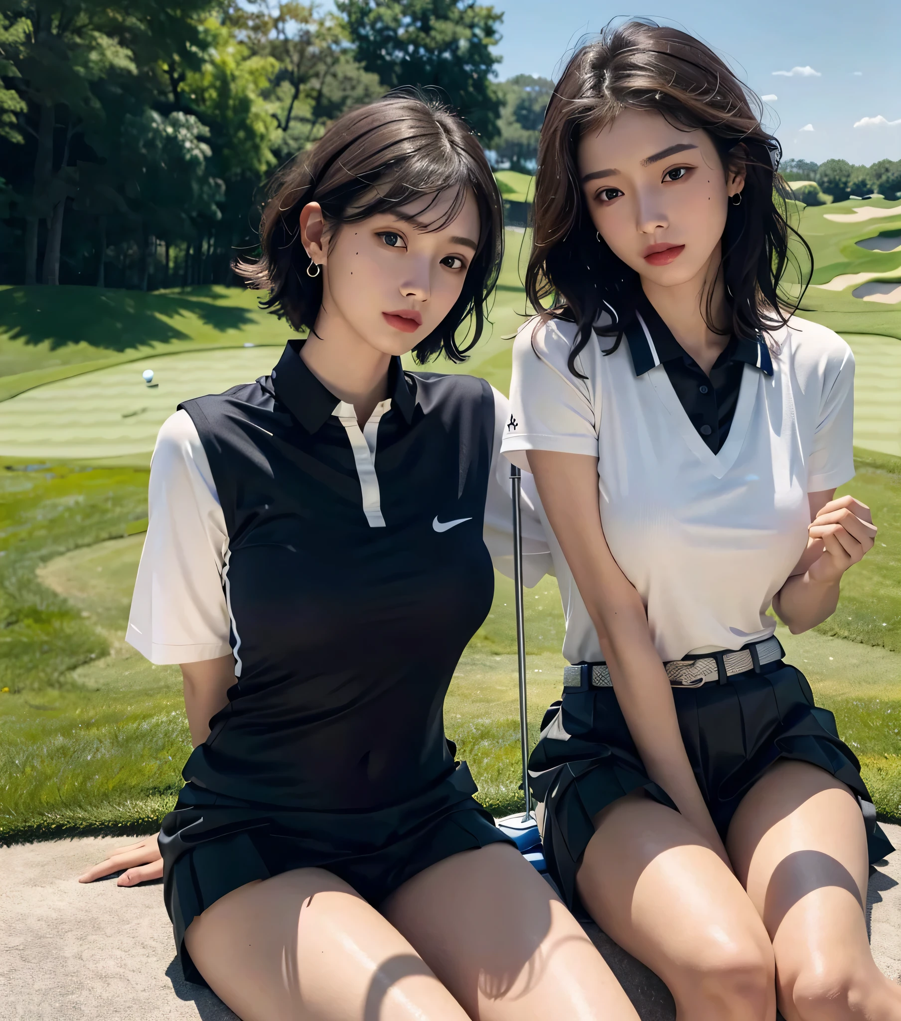 absurdres, RAW photo, extremely delicate and beautiful, masterpiece, Best Quality, ultra high resolution, 32k, hyperrealistic, ultra-detailed, perfect anatomy, perfect figure, super Detailed skin, 20 years old, very Slim body, narrow waist, very small head, very small face, delicate facial features, tearful mole, earring, thin legs, bare legs, ((very huge round breasts)), short medium hair, ((wavy hair)), wet clothes, (((golf uniform))),