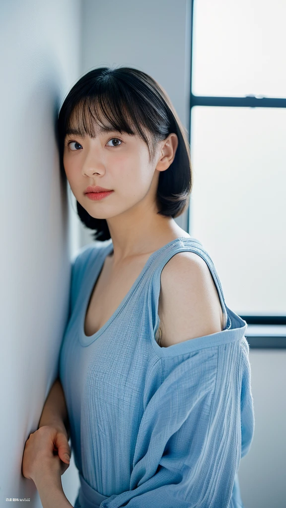 A woman in her 50s、five〇age、A little old、Big Breasts、camisole、(Corridors in Japan、Some of her hair is sky blue:1.4)、White wall、(A room with a white wall and a window)、((highest quality、8k、masterpiece:1.3))、Ultra-high resolution、(photoGenuineistic:1.4)、RAW Photos、Japanese,(Detailed aspect)、Genuine、Photographed in natural light、Highly detailed face and skin texture、Highly detailed lips、The correct state of the human body、Shortcuts、Black Hair、Various poses、Natural color lip、Upper Body