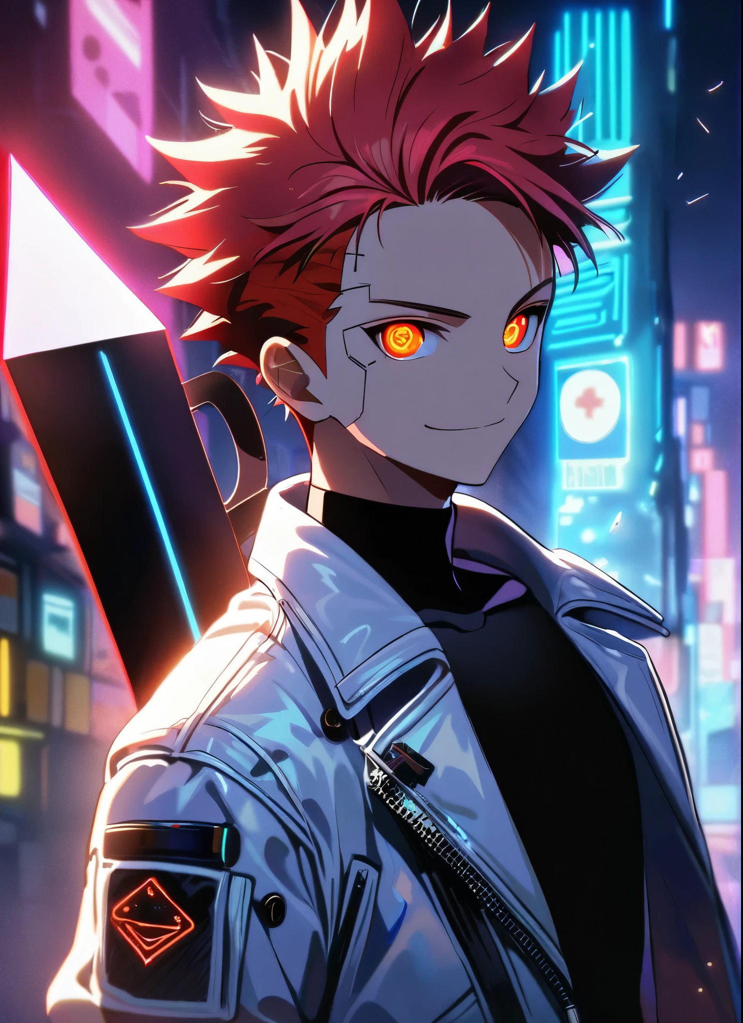 A man, short hair, spiky upwards, with some strands falling on the forehead, with a giant Sword on the back, a giant neon black sword , wearing a leather white jacket and black t shirt, stand and confident pose, confidente smile, cyberpunk, night, fingerless gloves , red hair, neon eyes