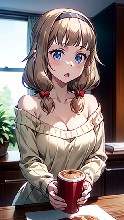 masterpiece, yor, 1girl, Amazing Cleavage:1.3, thin waist, big ass, Raised sexy, medium breast: 1.8 posed cleavage:1.2、solo, looking at viewer, open mouth, have a cup of coffee,black hair, red eyes, dress, bare shoulders, jewelry, collarbone, sidelocks, hairband, earrings, indoors, off shoulder, :o, sweater, arms behind back, plant, short hair with long locks, white hairband, off-shoulder dress, sweater dress, off-shoulder sweater, red sweater, big side hair, very long side hair,is rendered in (masterpiece: 1.2, best quality), with (ultra high resolution) and an exquisite (depth of field). This masterpiece is not only visually stunning but also tells, teach of cooking ,in the kitchen