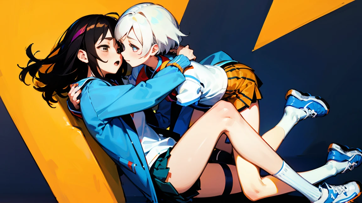 campus,two girls,,beautiful,hug each other tightly,Uniforms,coat,Short skirt,Bare legs,White socks,sports shoes,emaciated,thin legs