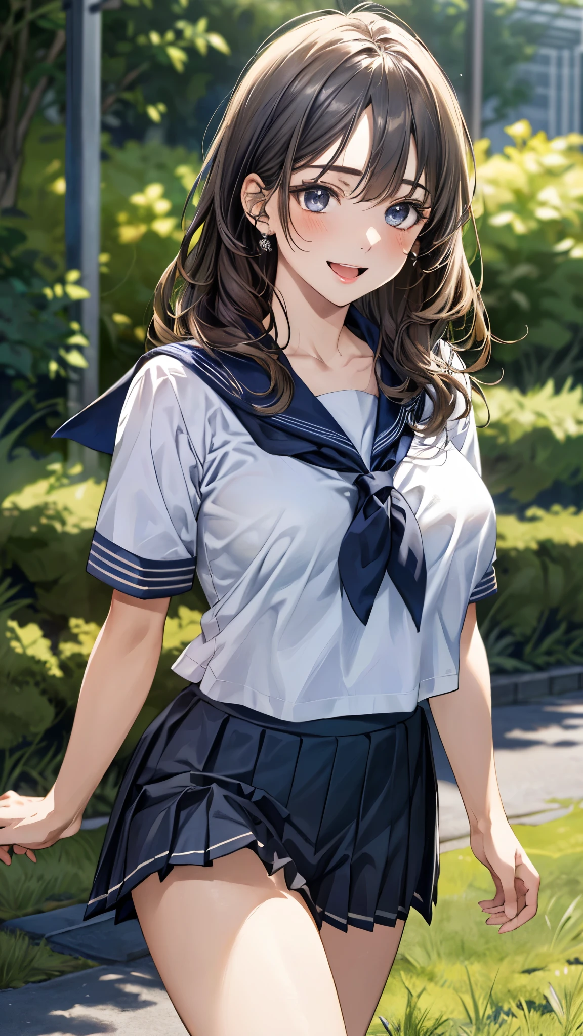 (masterpiece:1.3, top-quality, ultra high res, ultra detailed), (realistic, photorealistic:1.4), beautiful illustration, perfect lighting, natural lighting, colorful, depth of fields, surrealism, nsfw,
beautiful detailed hair, beautiful detailed face, beautiful detailed eyes, beautiful clavicle, beautiful body, beautiful chest, beautiful thigh, beautiful legs, beautiful fingers, shiny skin,
looking at viewer, 1 girl, japanese, high school girl, (perfect anatomy, anatomically correct, super detailed skin), cute and symmetrical face, babyface, perfect face, perfect eyes,
(middle hair, straight hair, charcoal gray hair), crossed bangs, blue eyes, drooping eyes, big eyes, long eyelashes, (large breasts, seductive thighs), slender, outstanding style,
((detailed cloth texture, short sleeves, sailor uniform, pleated skirt, sailor collar, scarf)),
(beautiful scenery), evening, (grassy), (walking), (smile:1.2, open mouth),