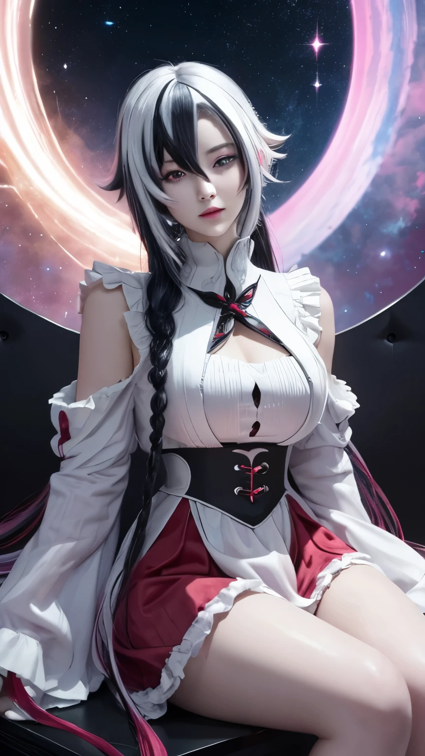 4k ultra high definition，masterpiece，Girl with magic halo，White hair，Black Hair，Colorful Hair，short hair，Straight Hair，Long braids，Glowing red eyes，Red X pupil，Wearing pink lolita clothes，The aura around the body，Magical effect，Spread white light，Cosmic elements and ethereal atmosphere，A mix of bright lights and colorful nebulae，Space Background，Sitting